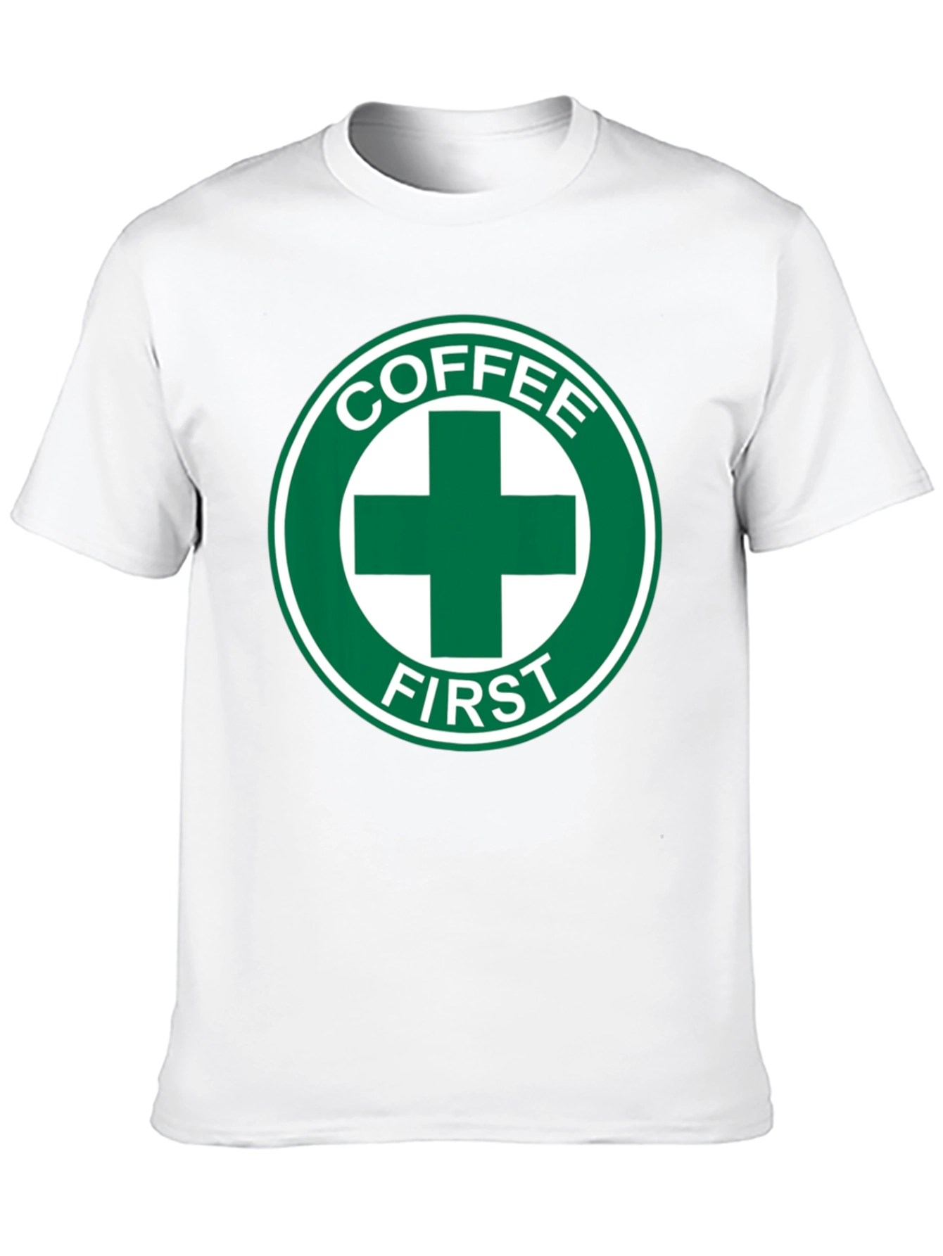 Coffee First T-Shirt - Green Cross Design