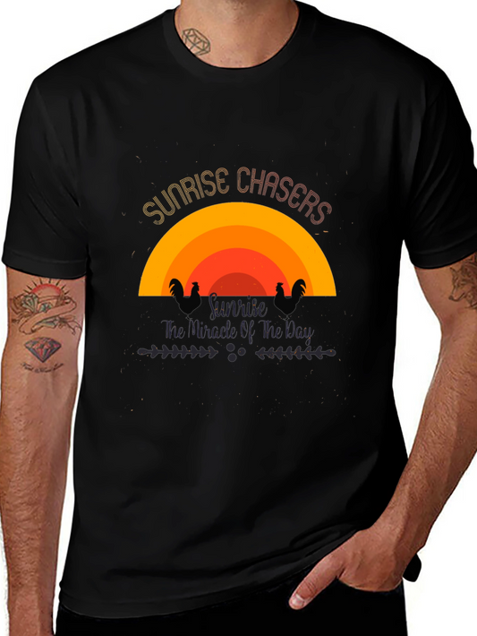 Sunrise Chasers Graphic Tee - Black Cotton Casual