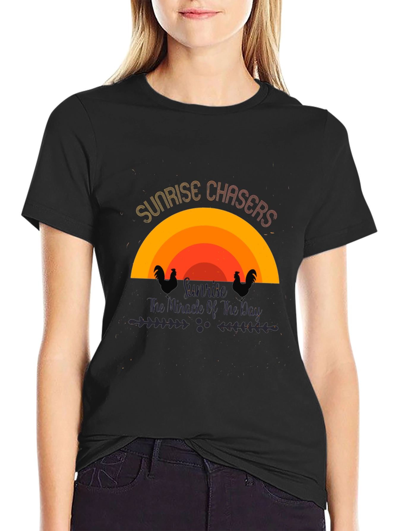Sunrise Chasers Graphic Tee - Black Cotton Casual