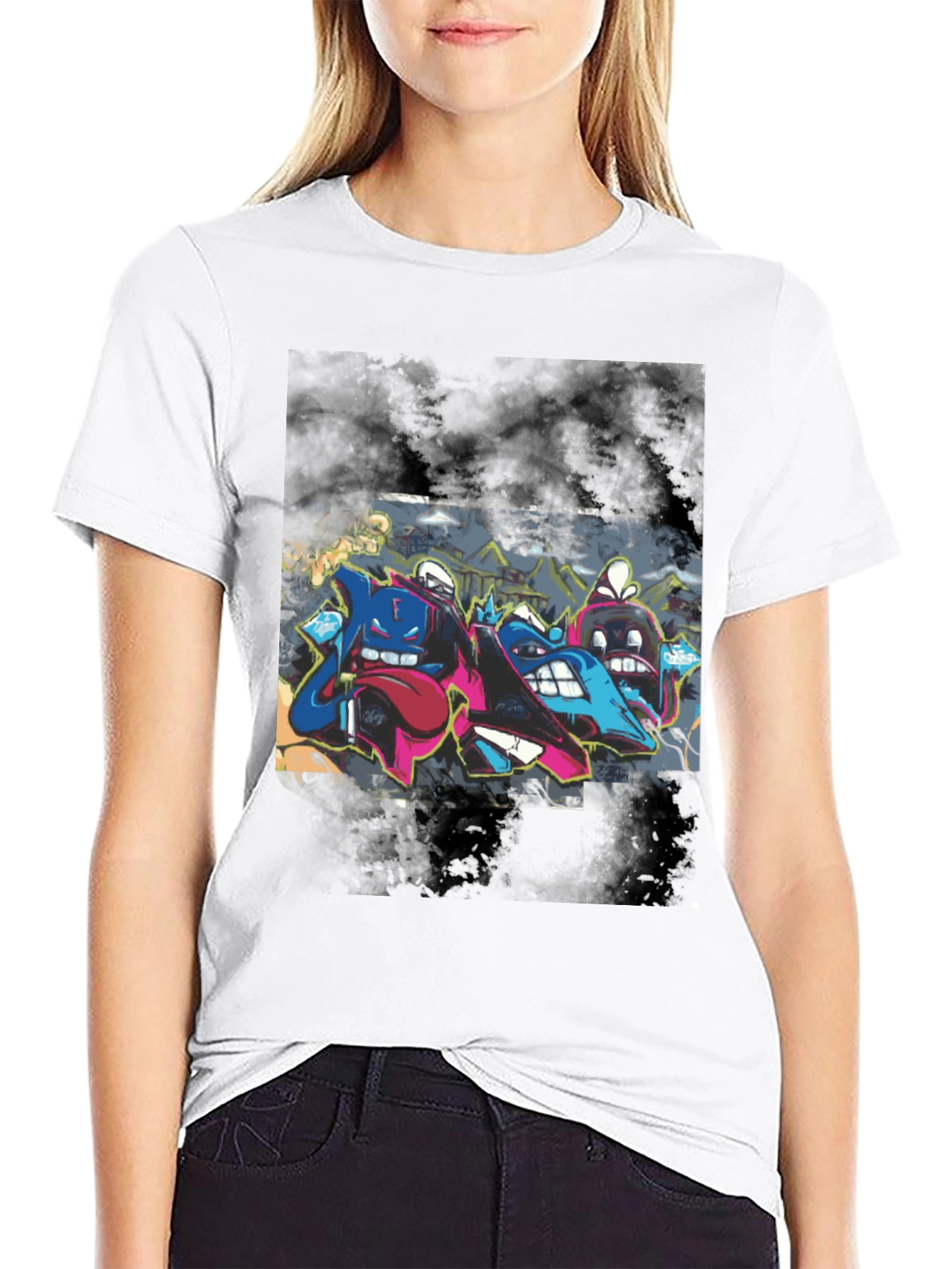 Graffiti Cartoon Crew Neck T-Shirt