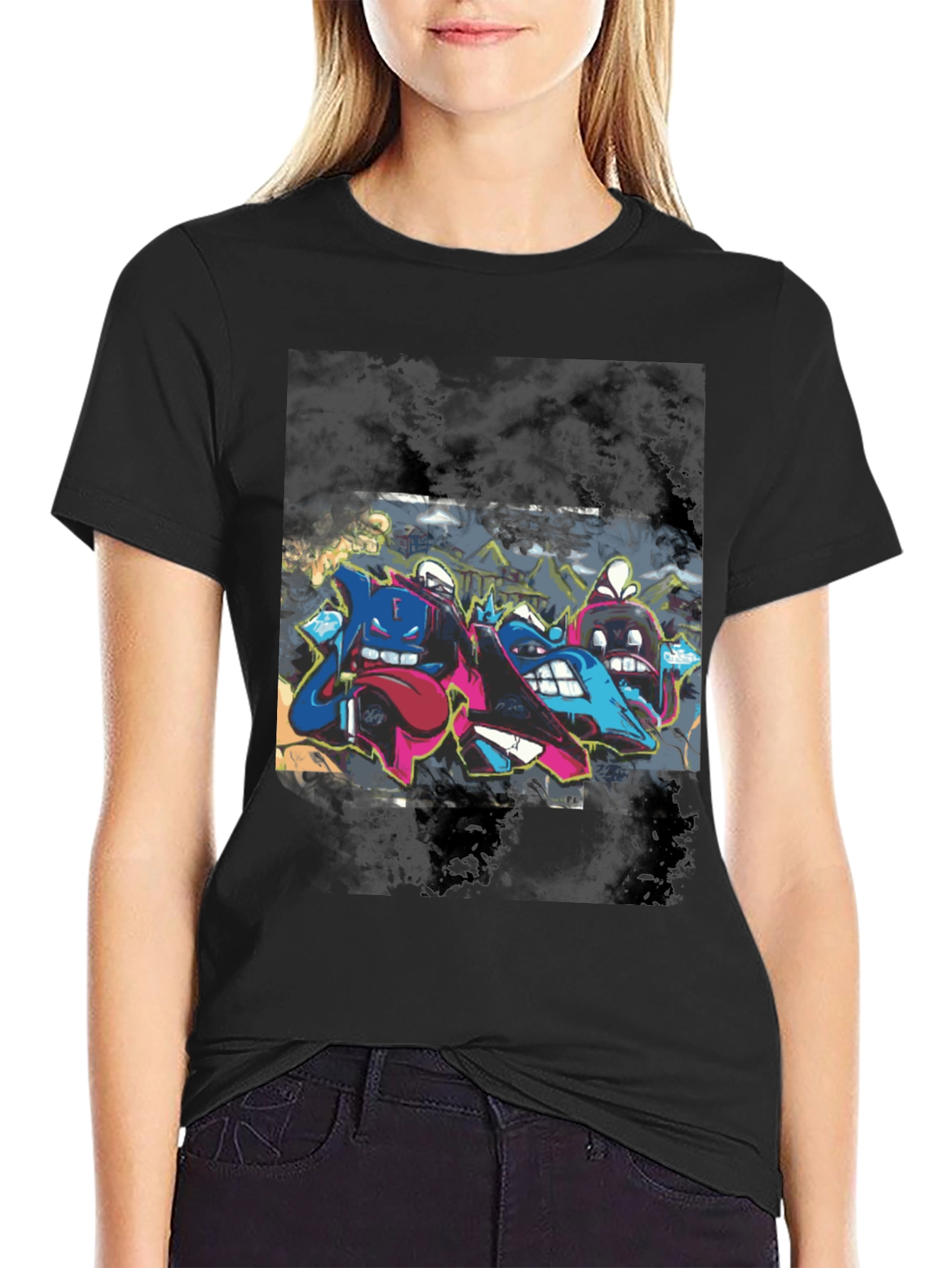 Graffiti Cartoon Crew Neck T-Shirt