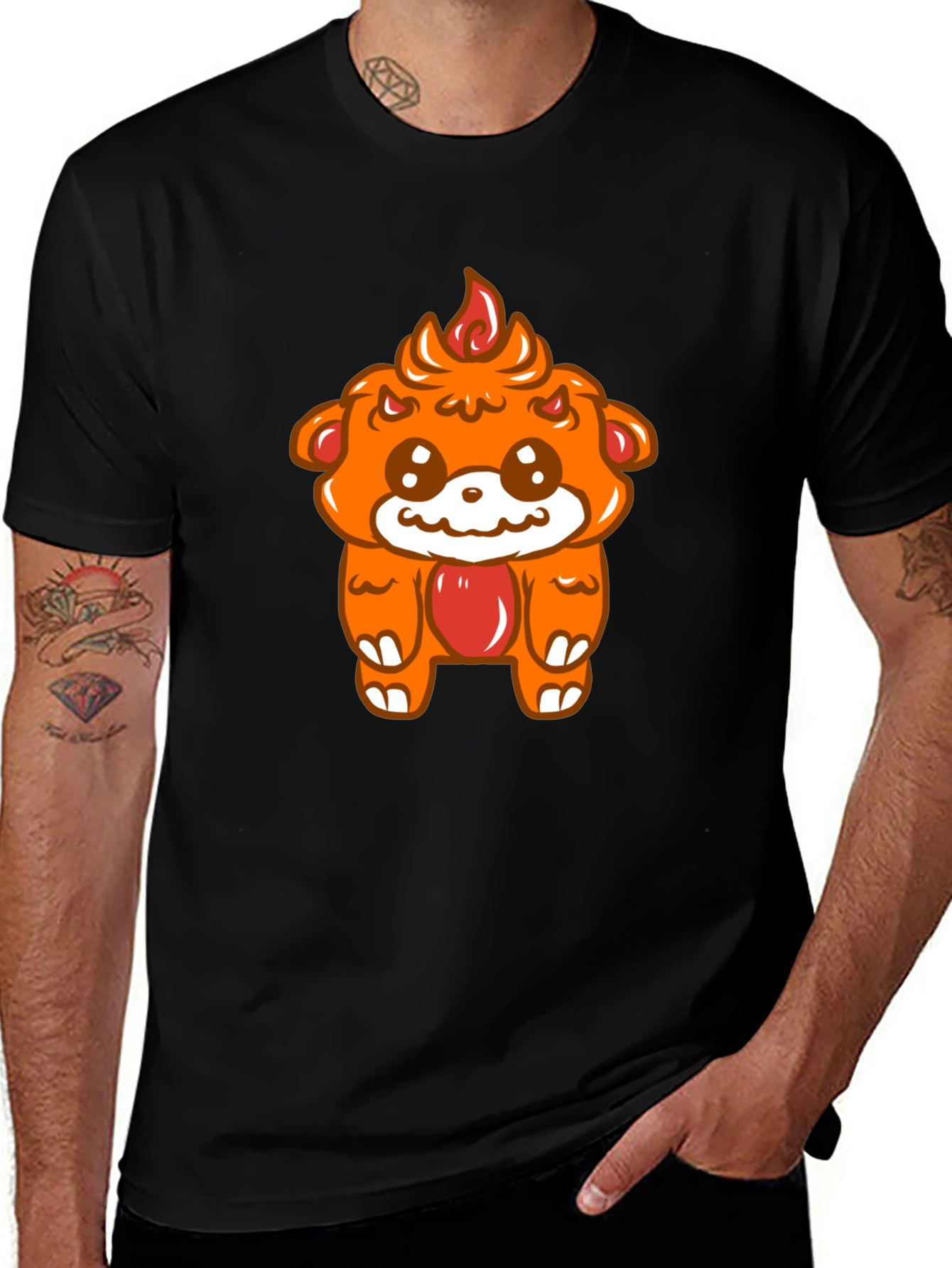 Kawaii Fire Bear Graphic Tee - Black