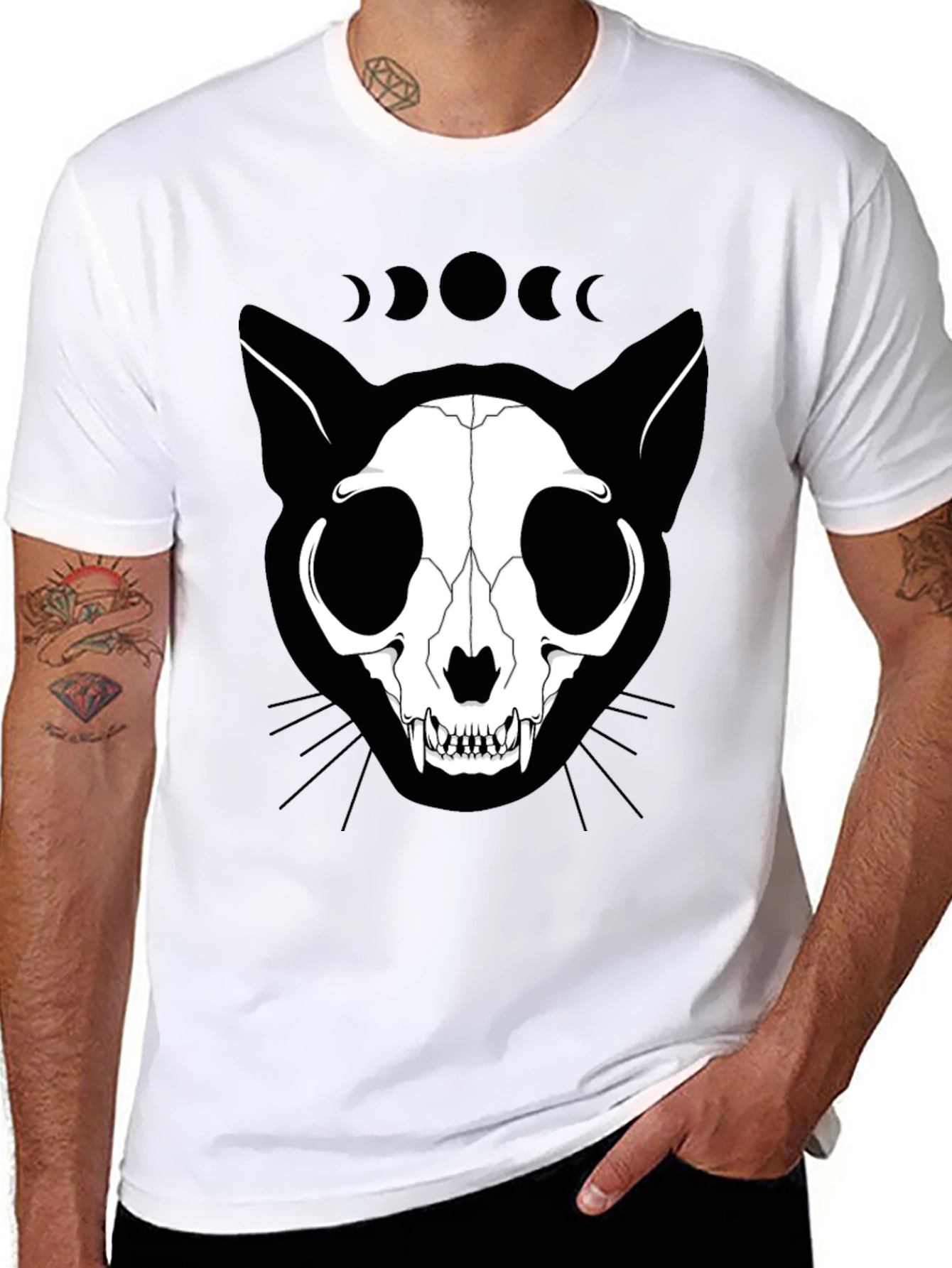 Cat Skull Phase Moon Black T-Shirt