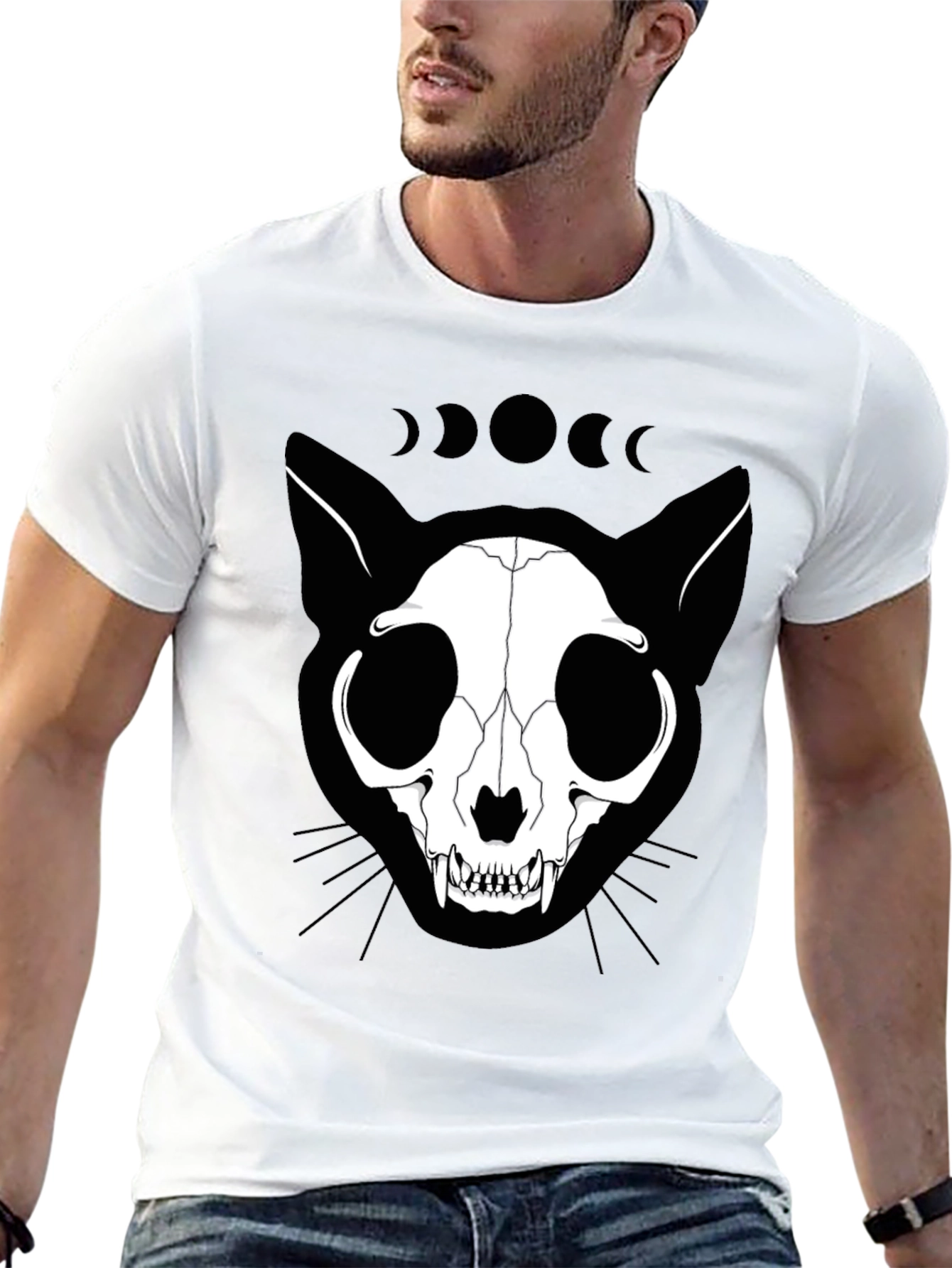 Cat Skull Phase Moon Black T-Shirt