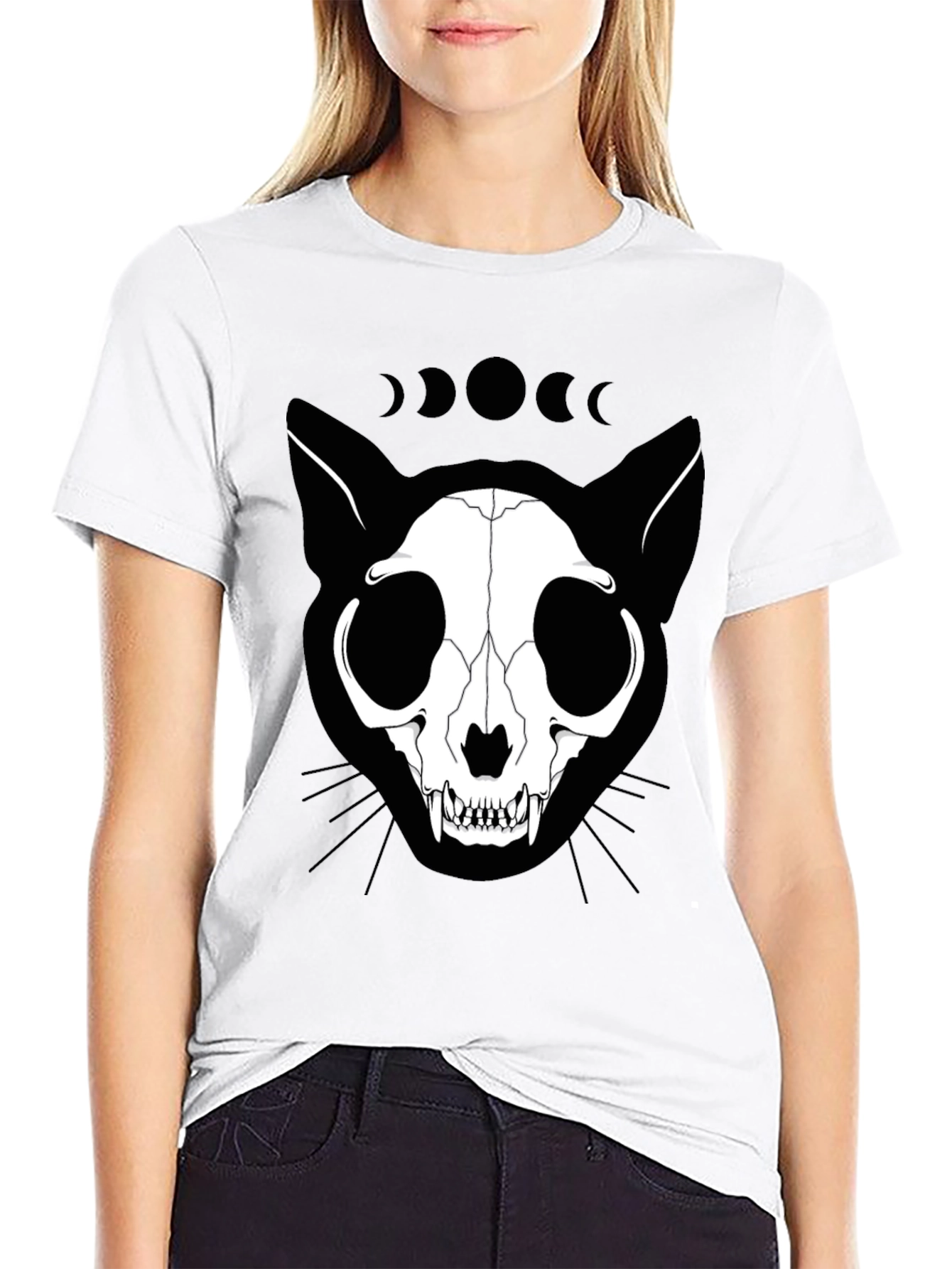 Cat Skull Phase Moon Black T-Shirt