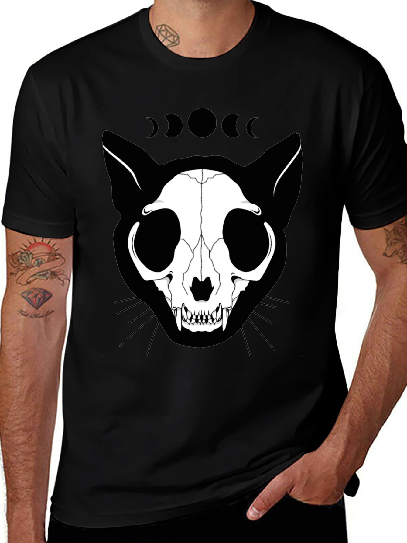 Cat Skull Phase Moon Black T-Shirt