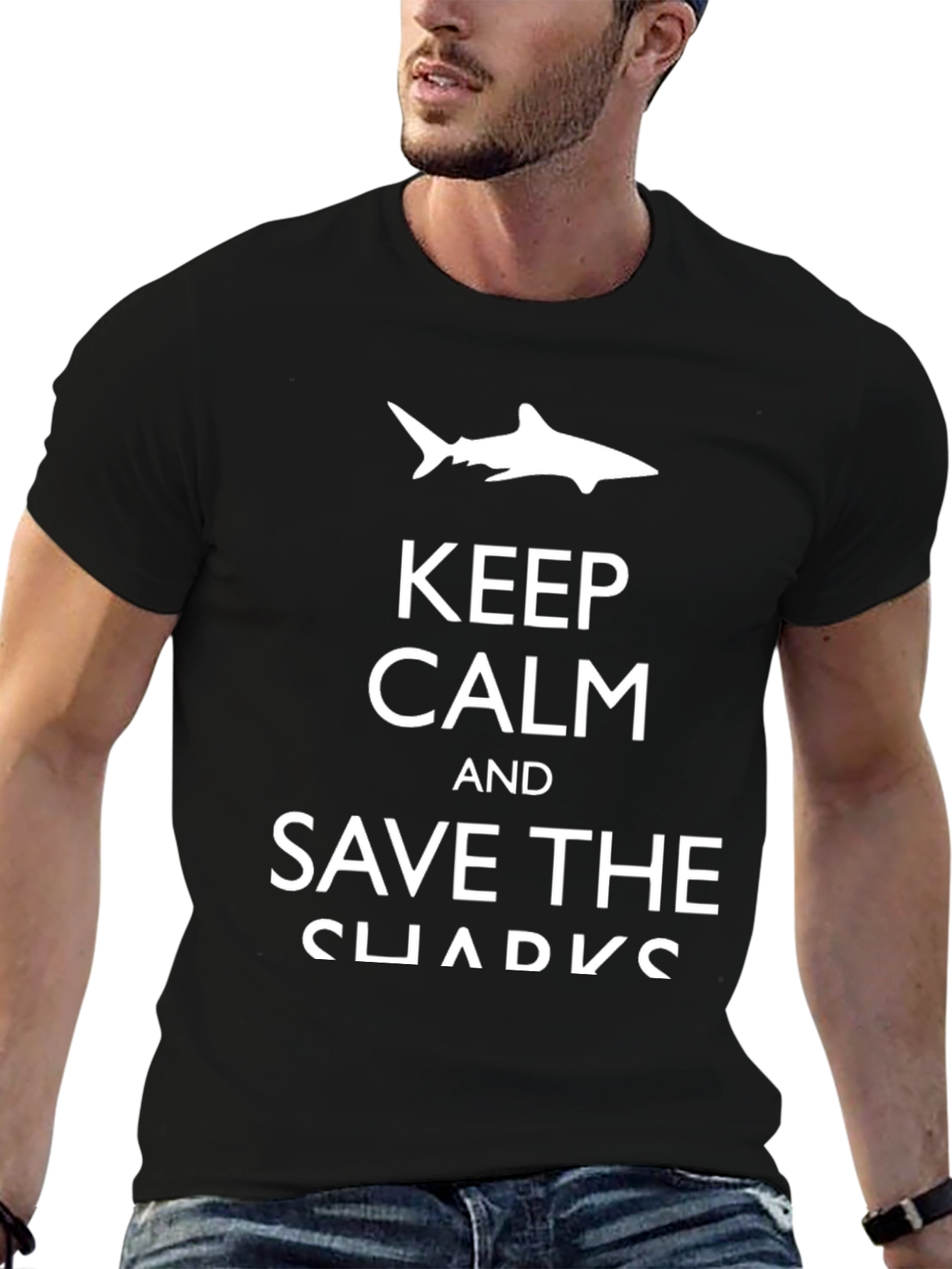 Keep Calm & Save Sharks Black Graphic T-Shirt