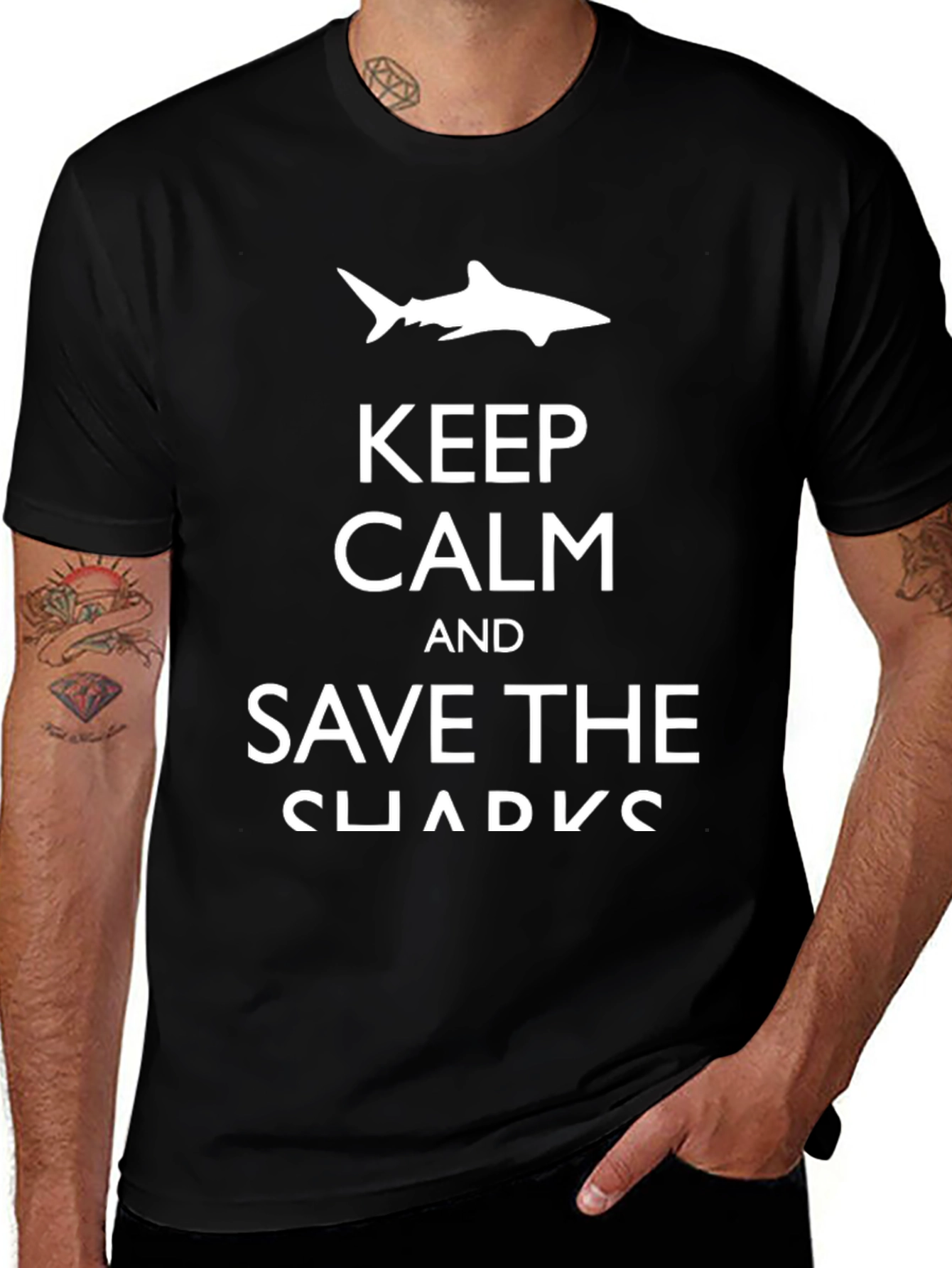 Keep Calm & Save Sharks Black Graphic T-Shirt