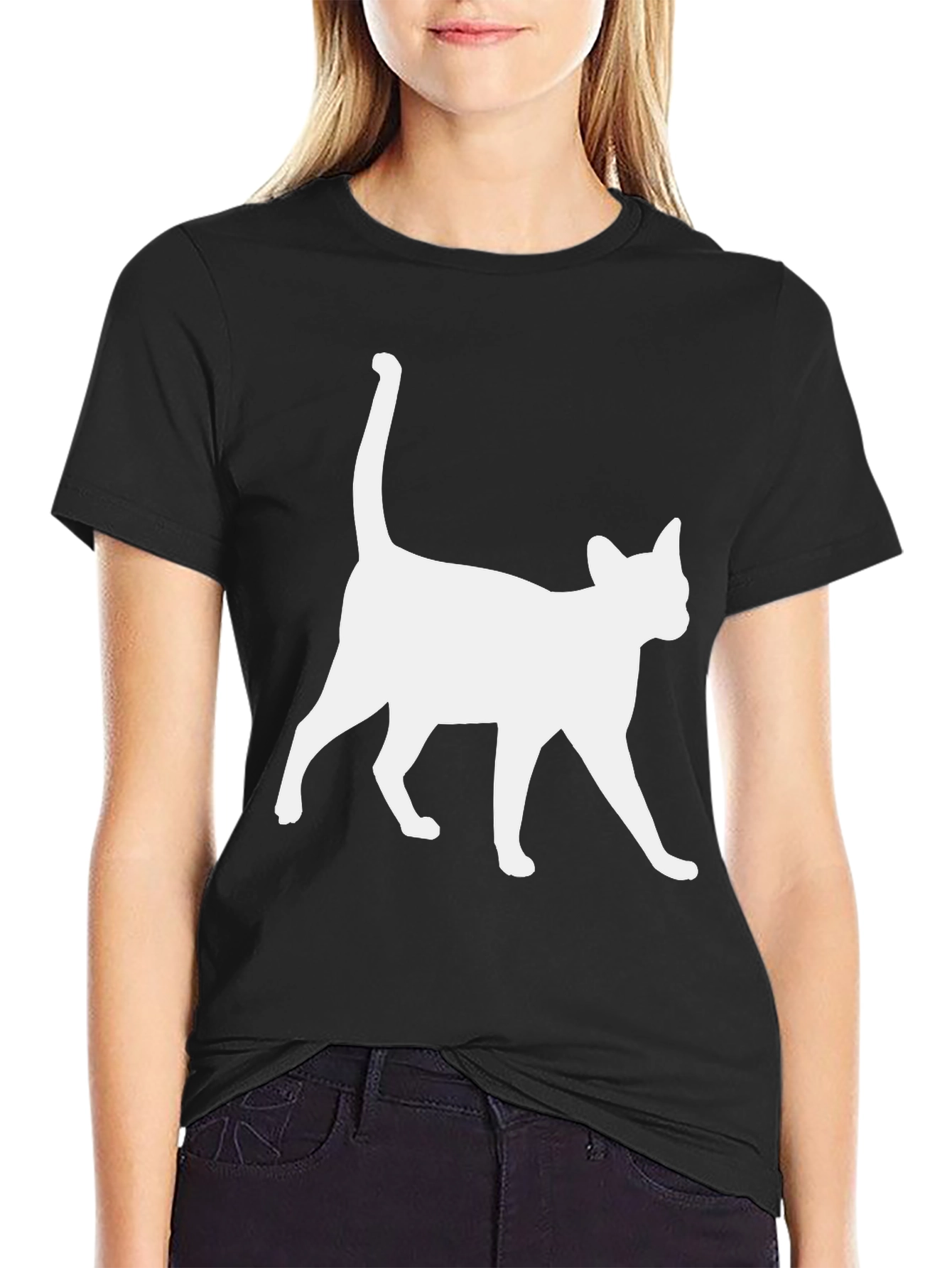 Cool Cat Silhouette Graphic Tee - Black Cotton