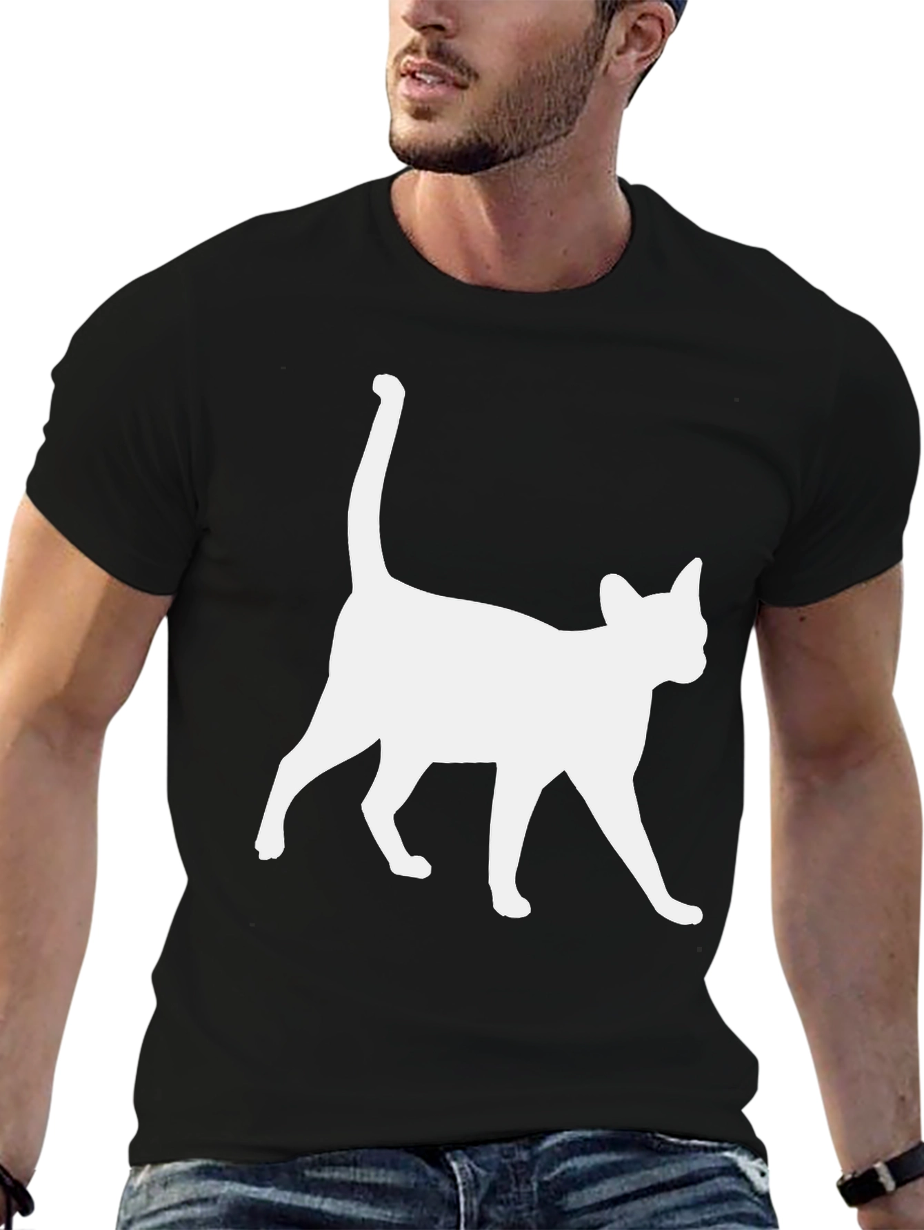 Cool Cat Silhouette Graphic Tee - Black Cotton