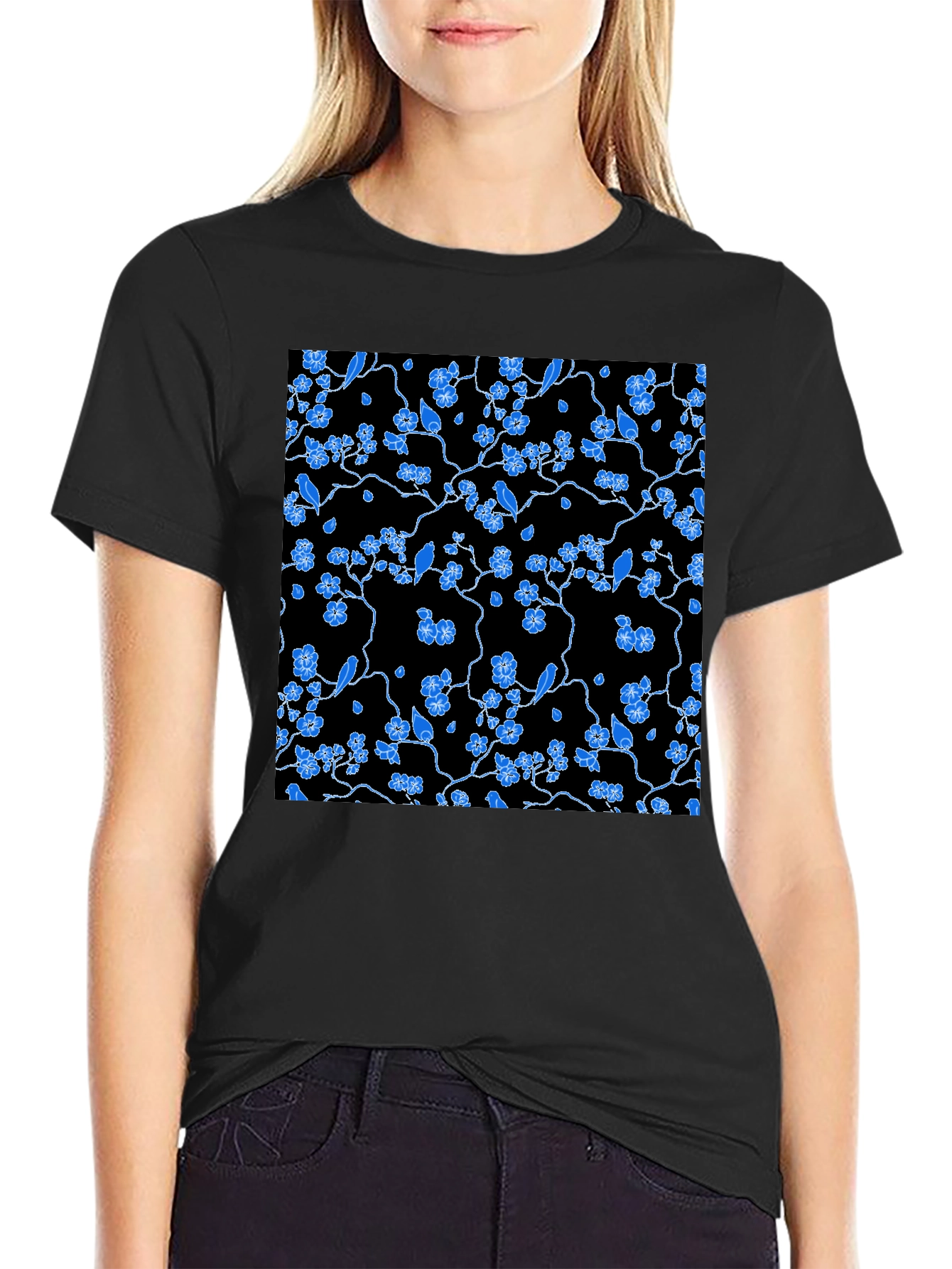 Black Tee with Blue Floral Pattern