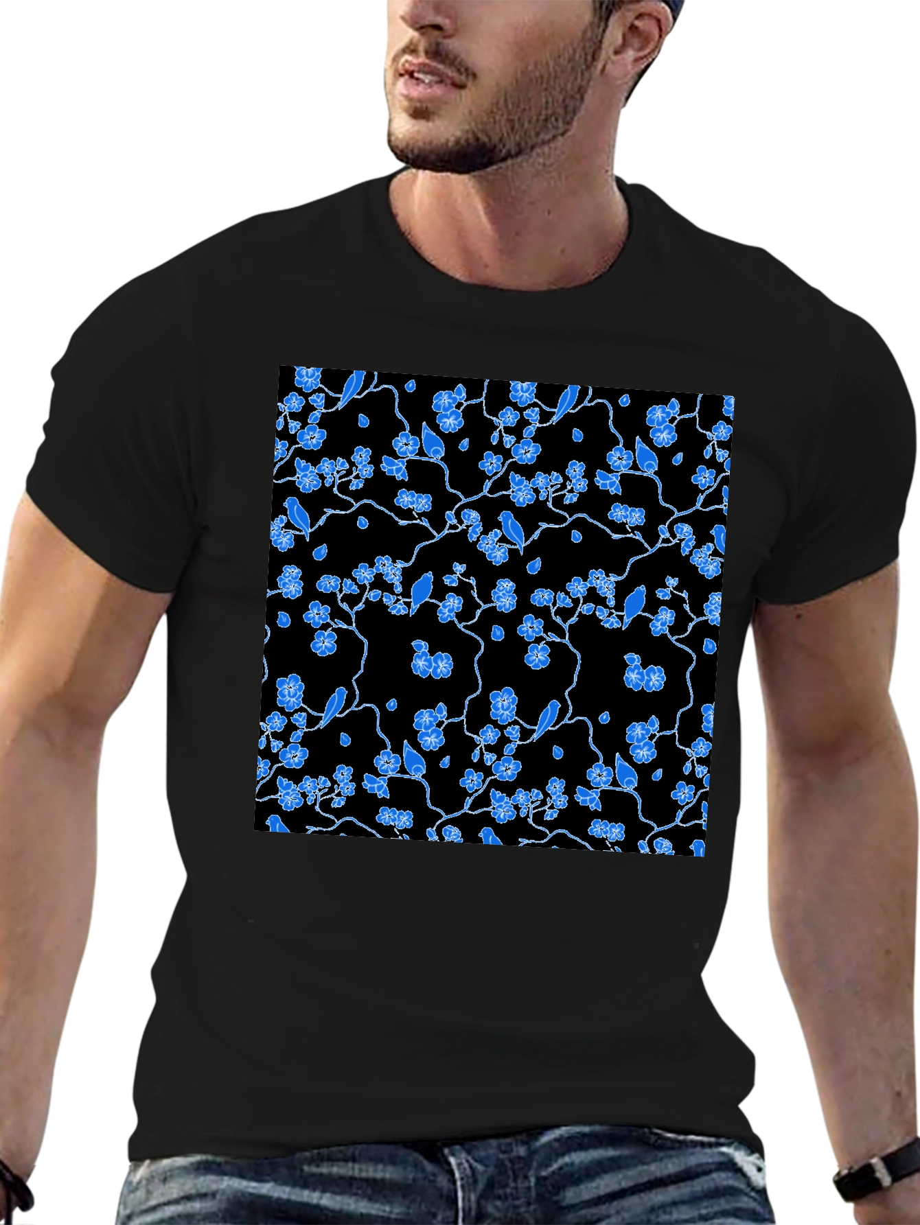 Black Tee with Blue Floral Pattern