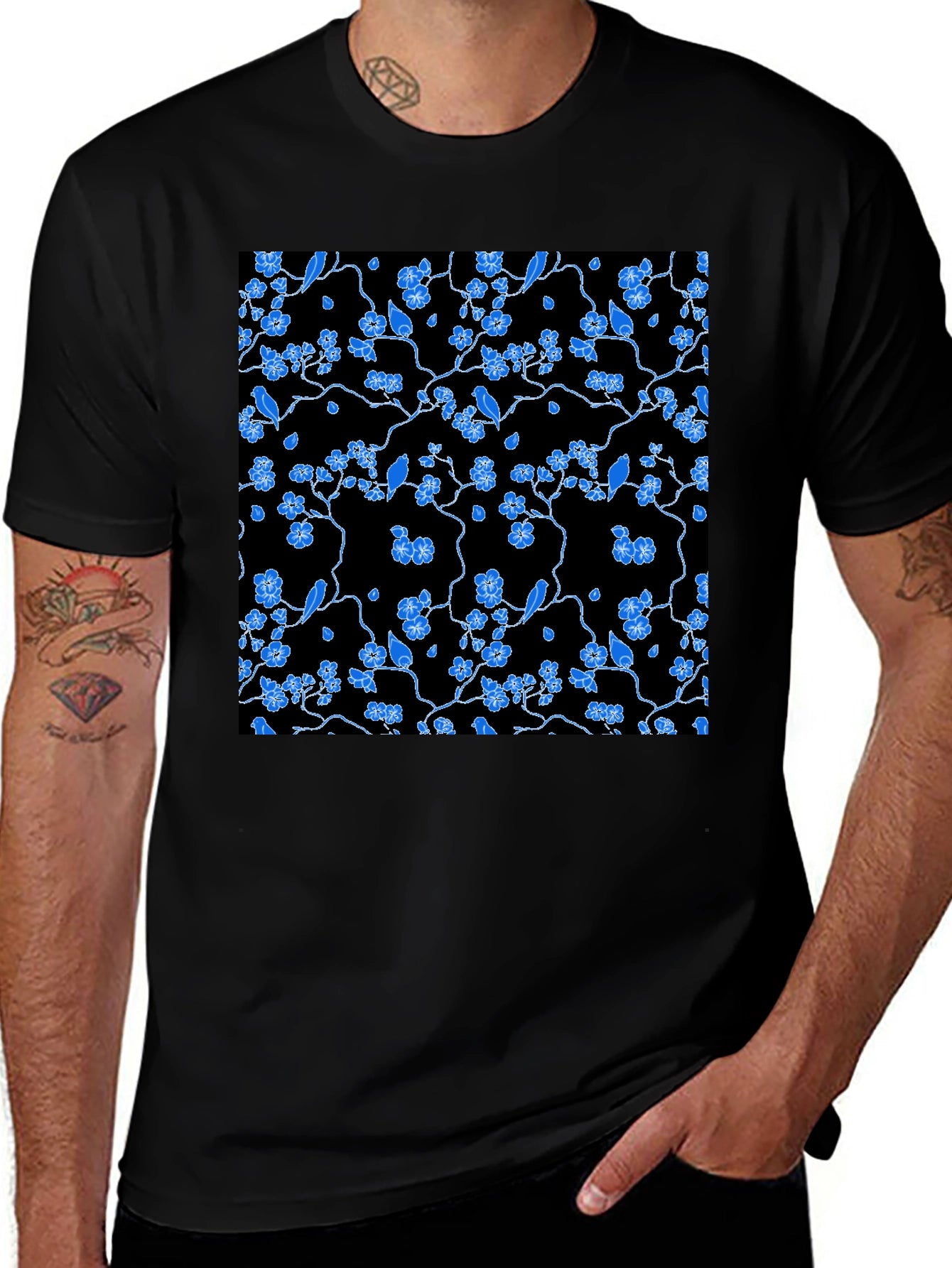 Black Tee with Blue Floral Pattern