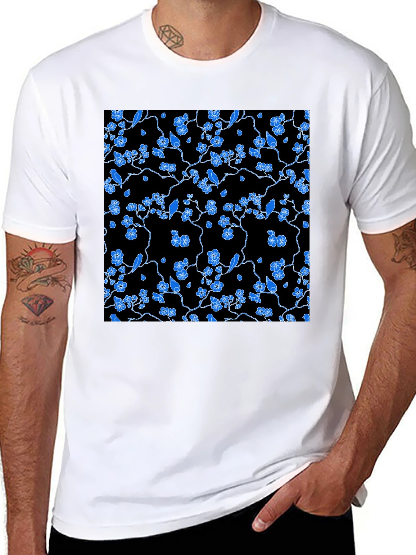Black Tee with Blue Floral Pattern