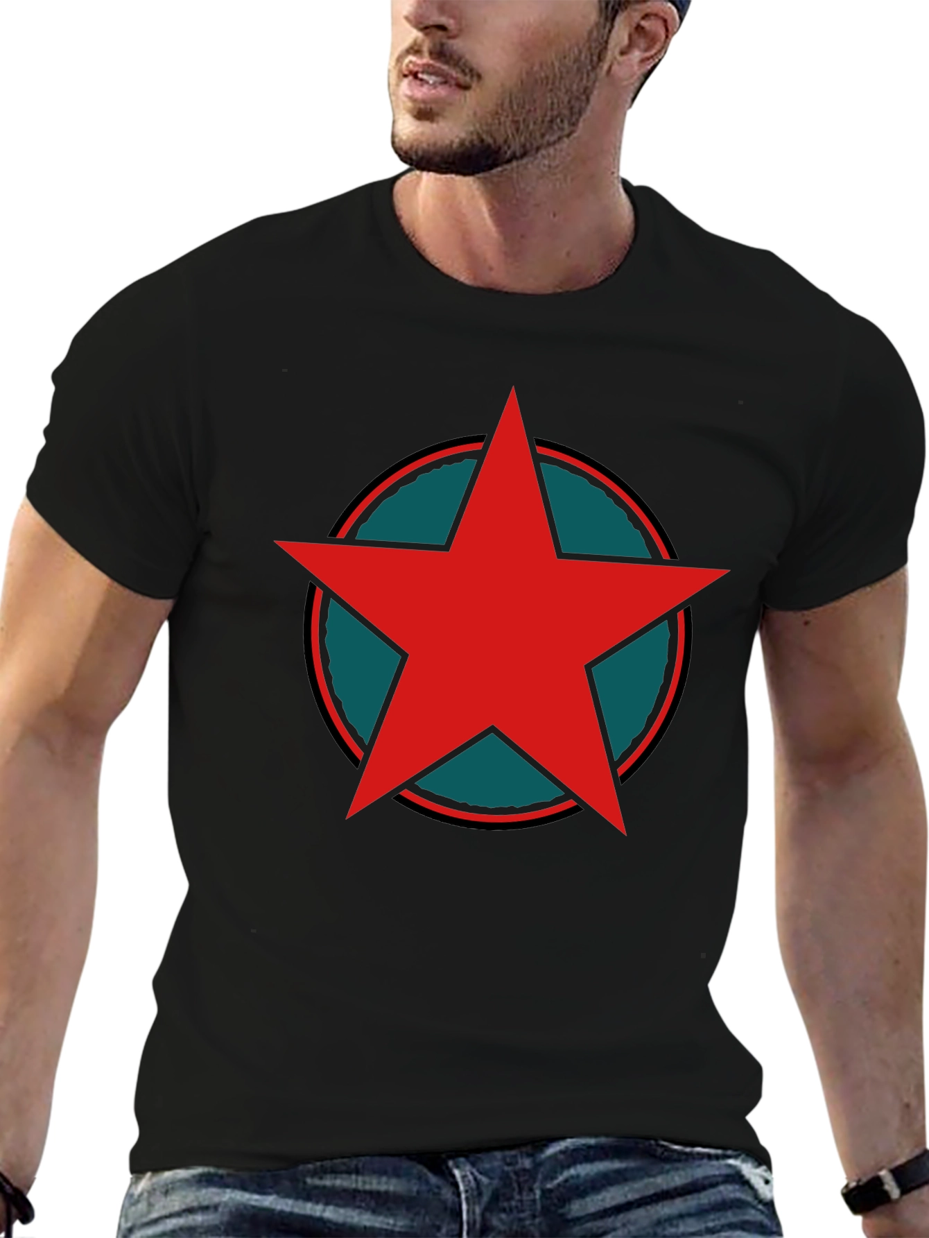 Red Star Graphic Print Black T-Shirt