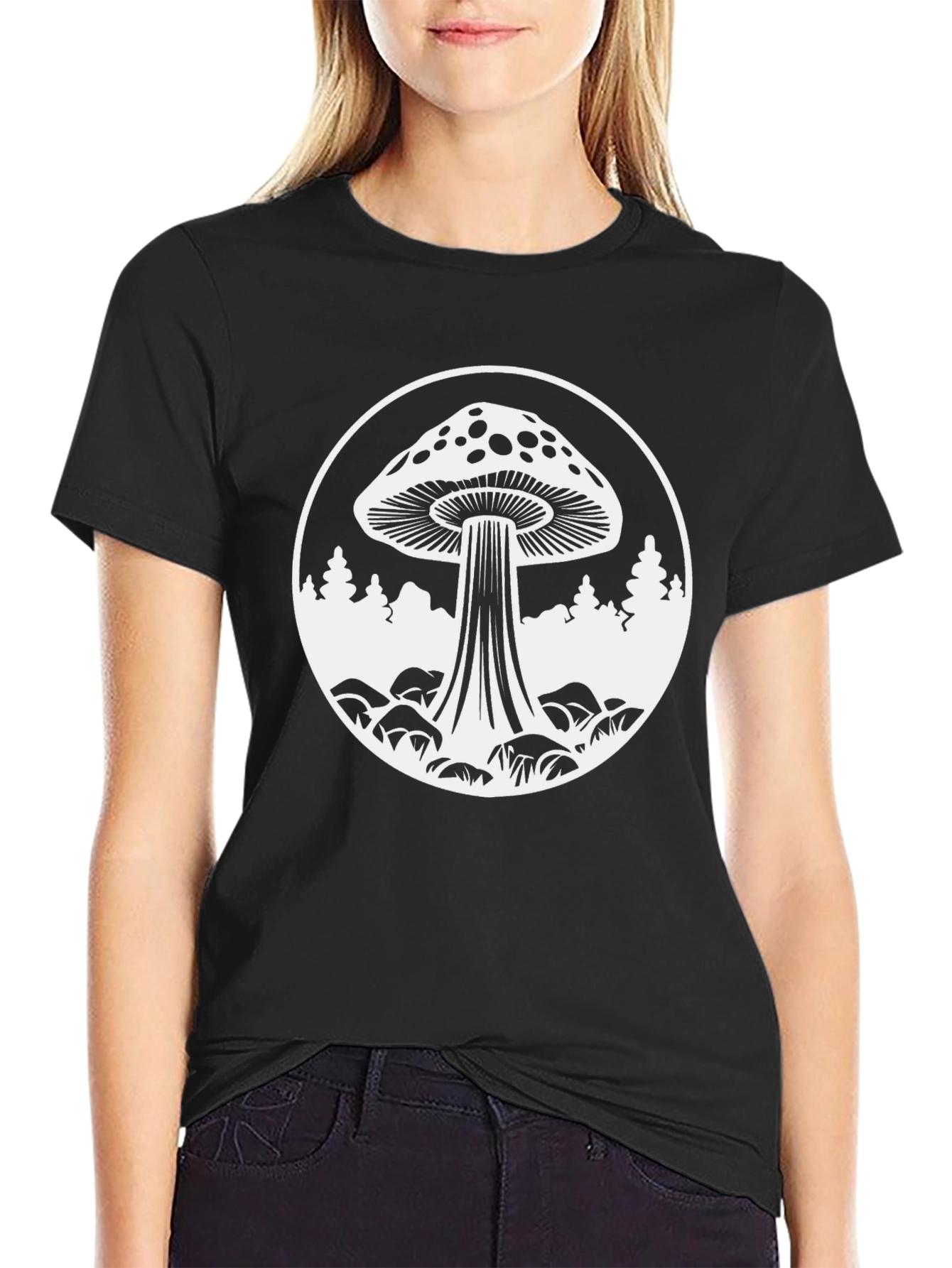 Mushroom Graphic Tee - Black Cotton Crew Neck T-Shirt