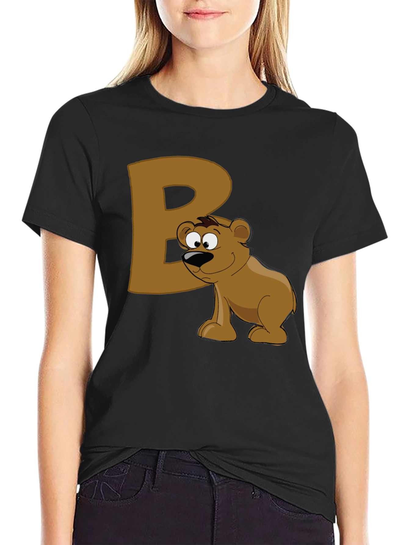Bear Letter B Black T-Shirt - Cartoon Animal Tee
