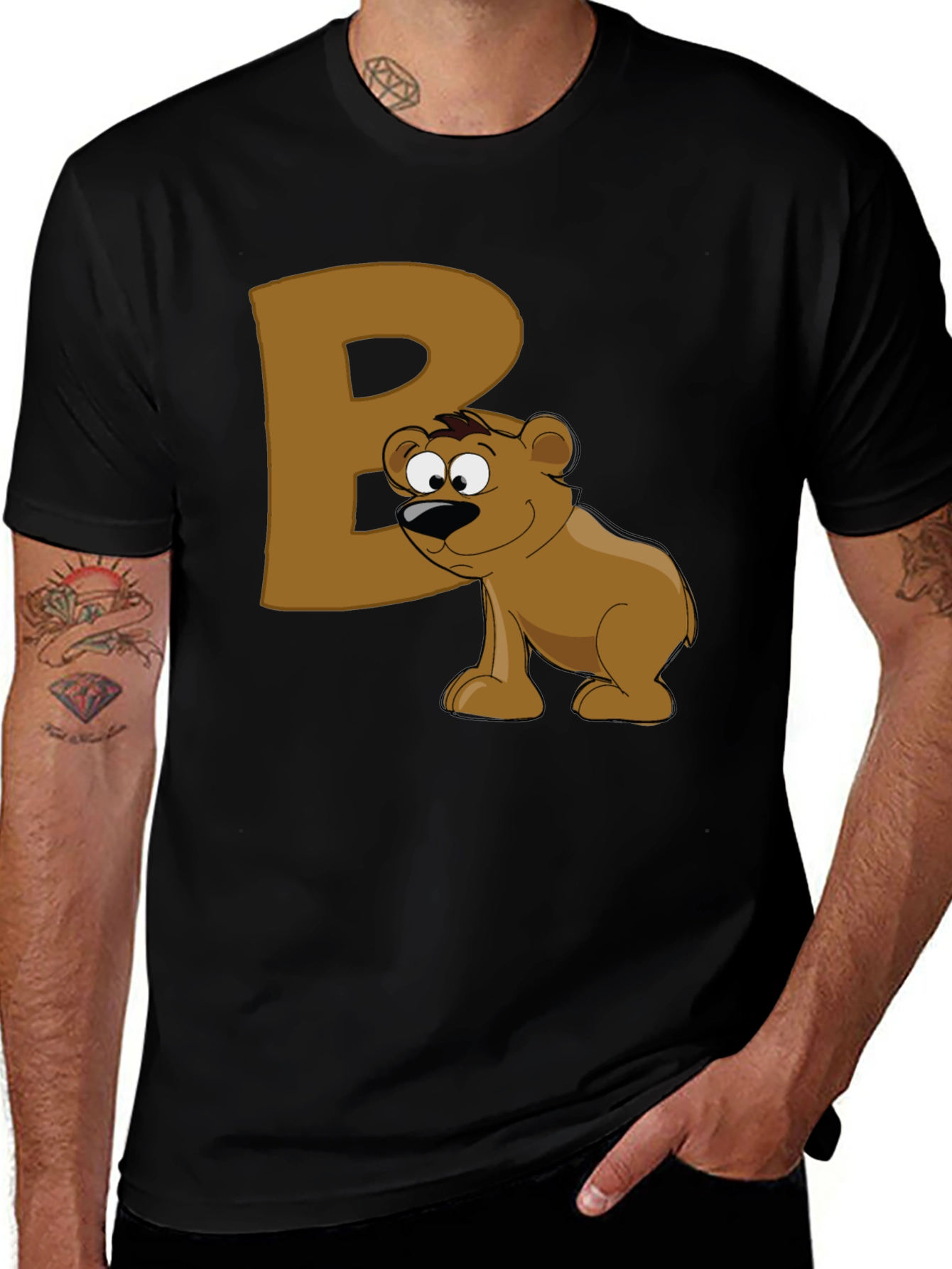 Bear Letter B Black T-Shirt - Cartoon Animal Tee