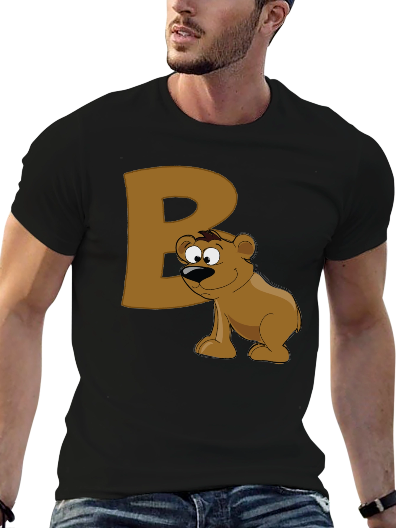 Bear Letter B Black T-Shirt - Cartoon Animal Tee
