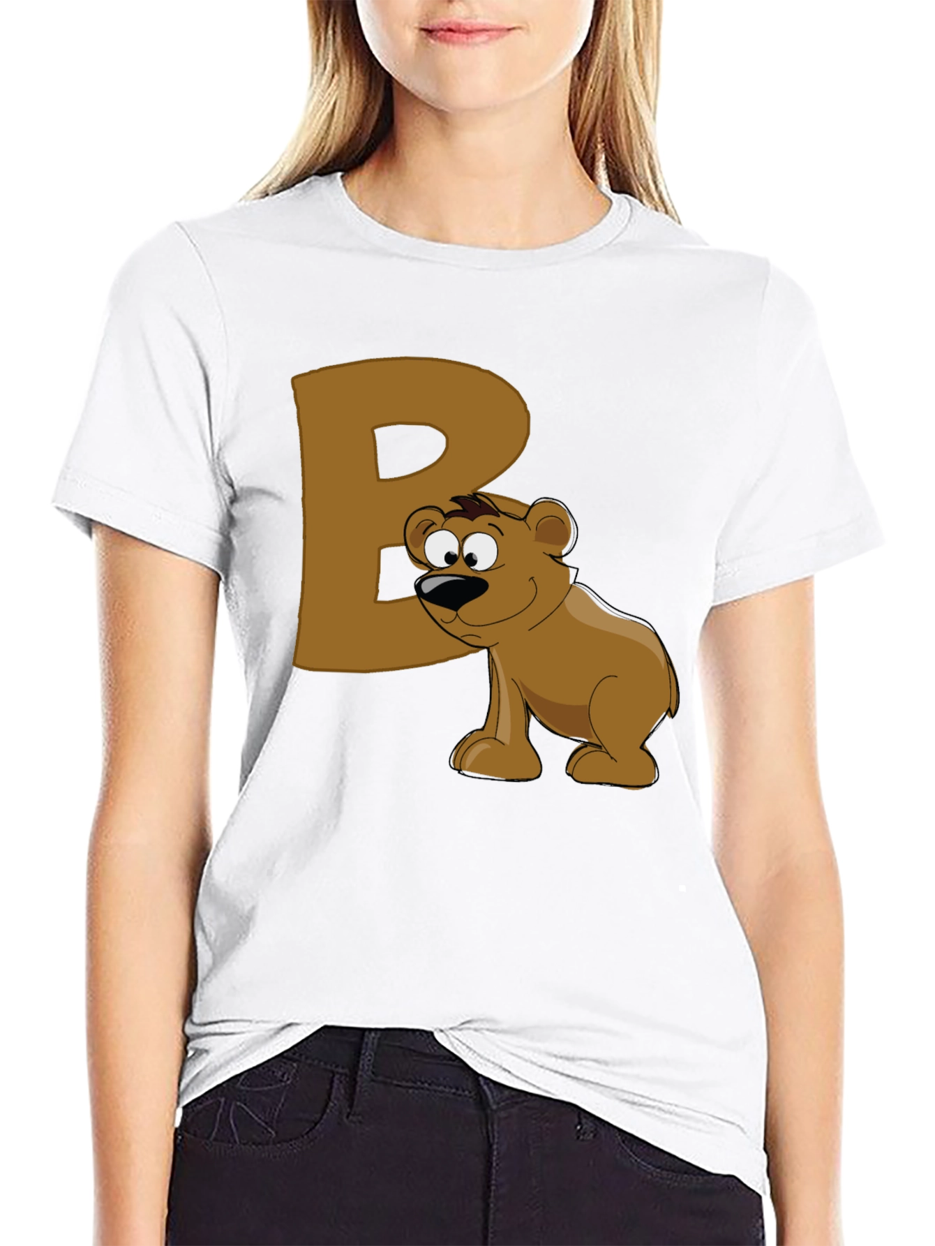 Bear Letter B Black T-Shirt - Cartoon Animal Tee