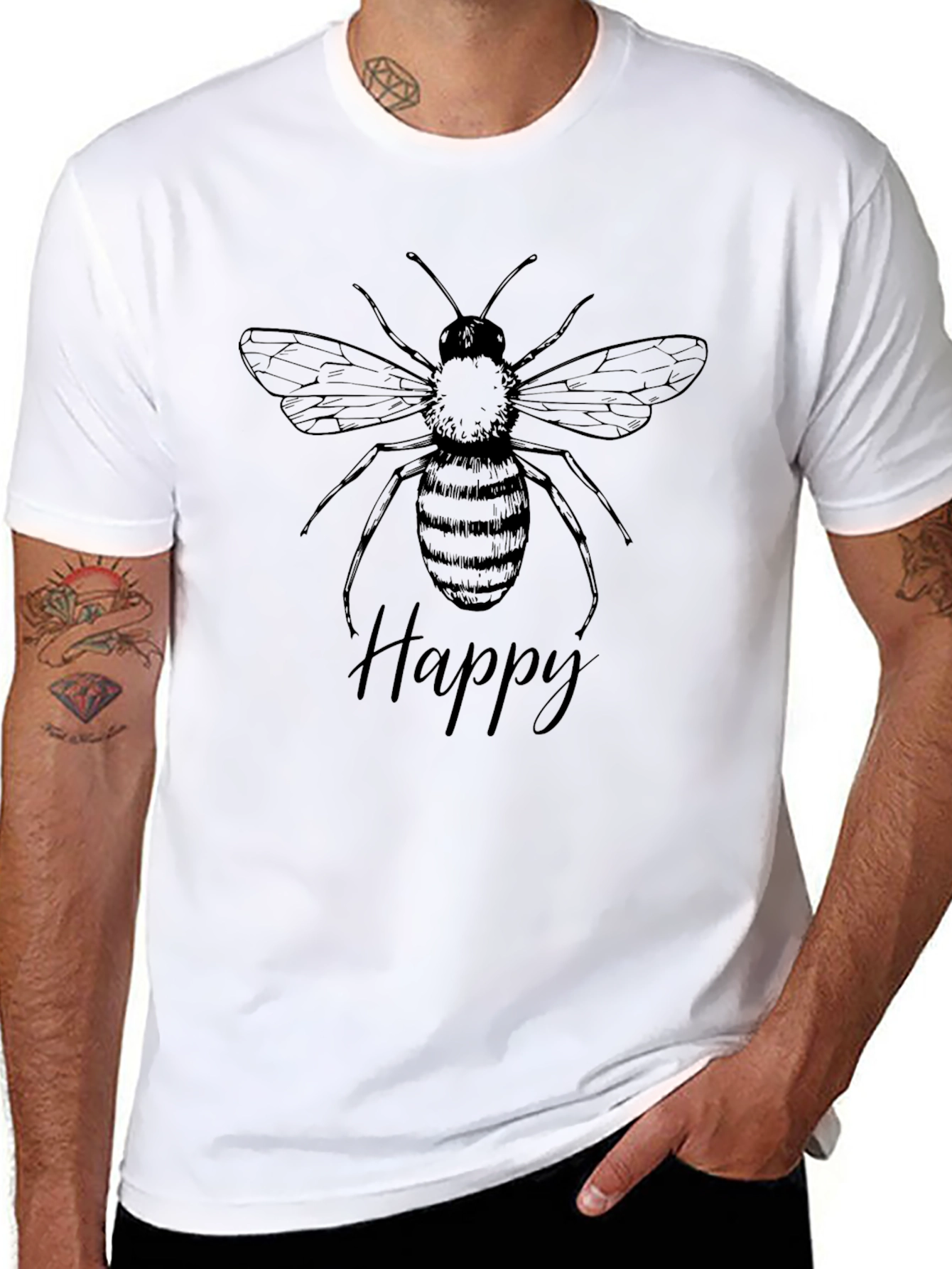 Happy Bee Graphic Tee - Black Cotton T-Shirt
