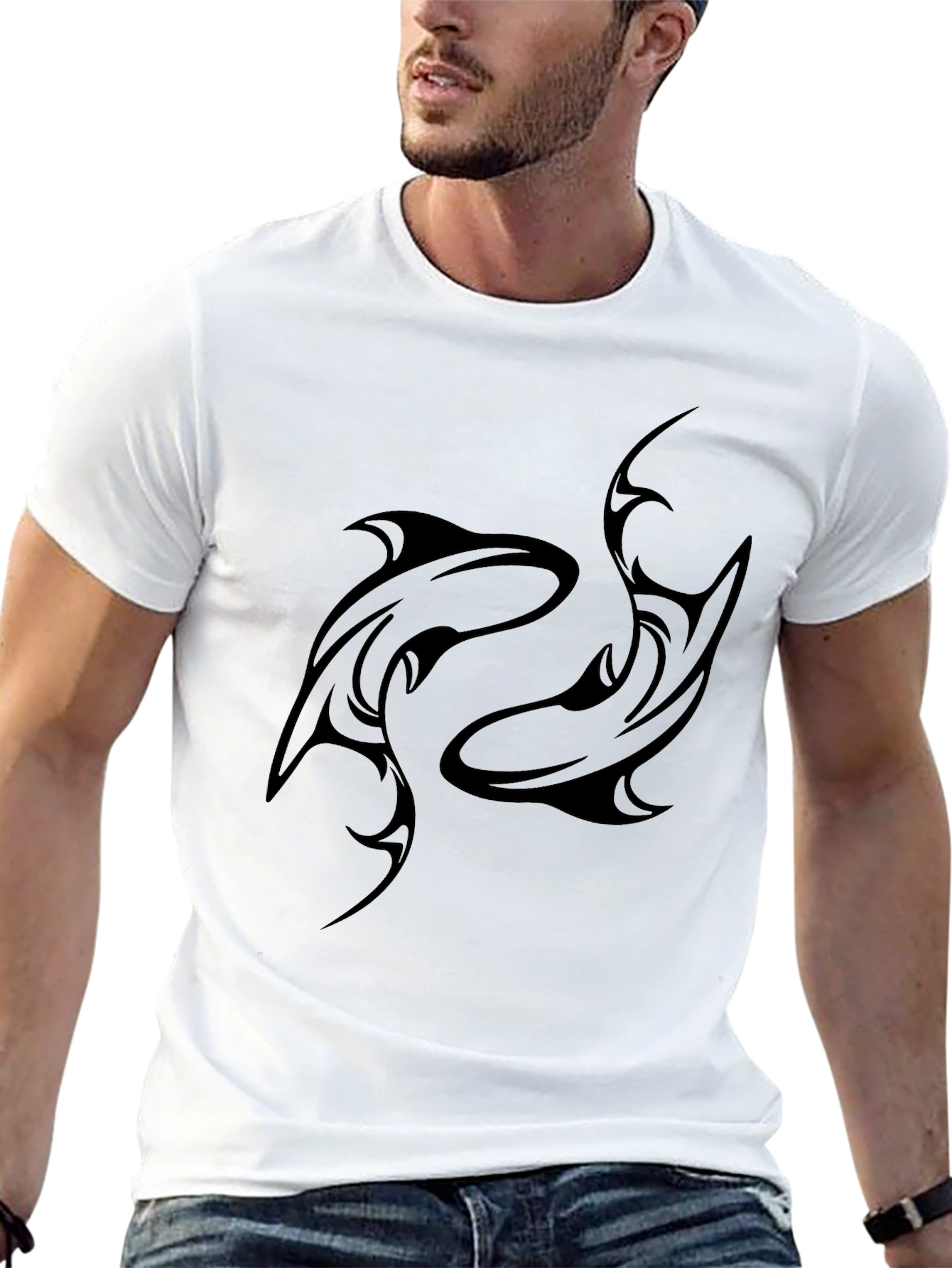 Black Tribal Dolphin Graphic Tee for Men