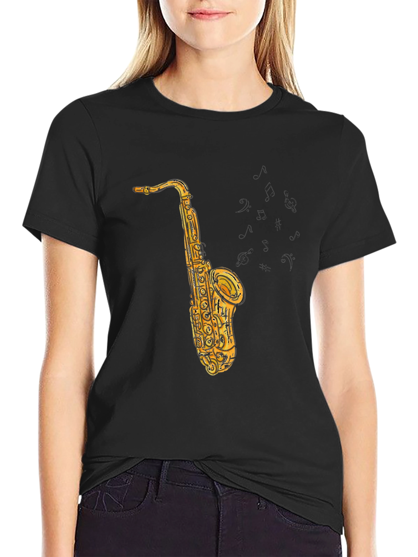 Saxophone Graphic Tee - Black Cotton T-Shirt