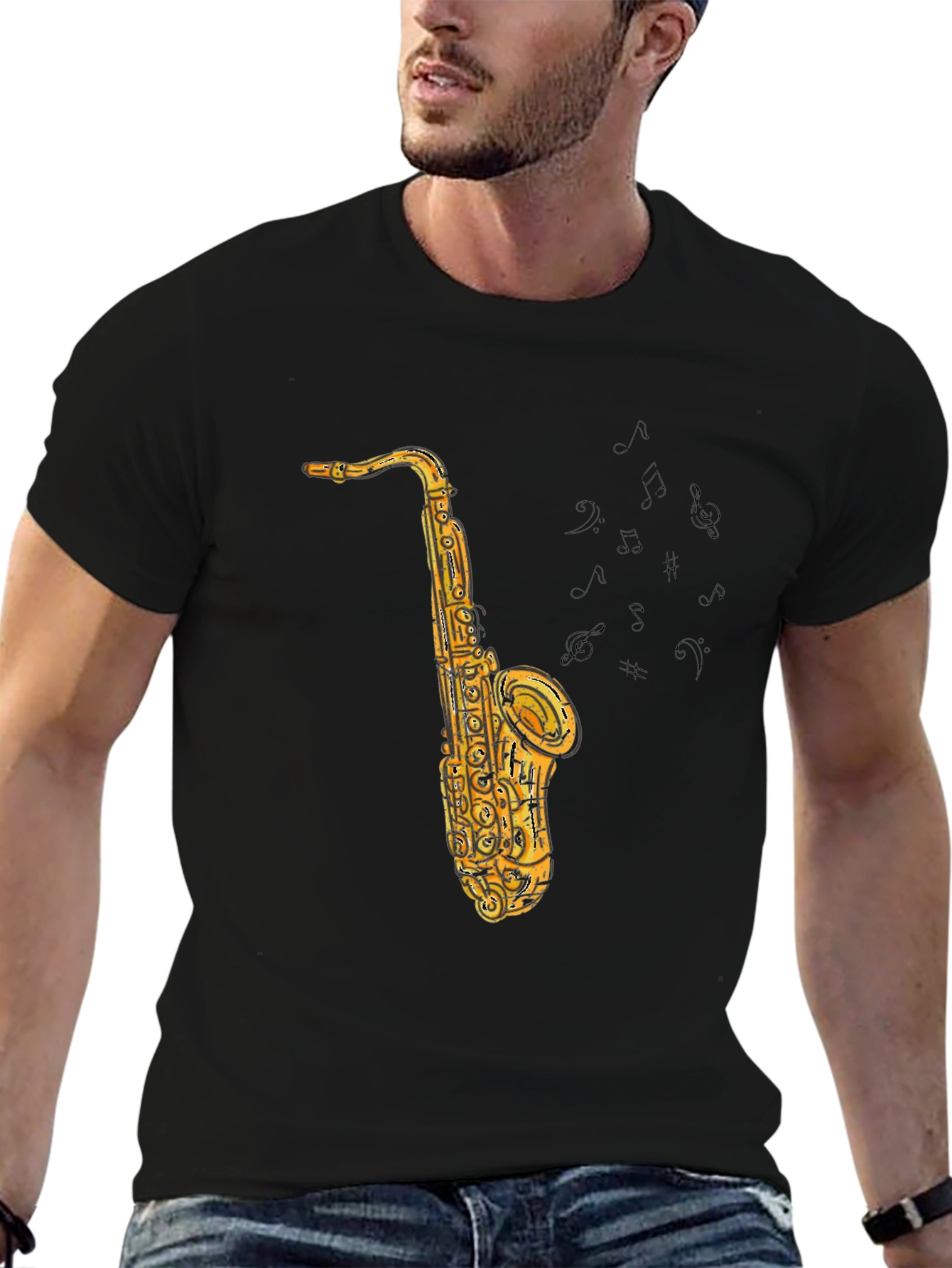 Saxophone Graphic Tee - Black Cotton T-Shirt