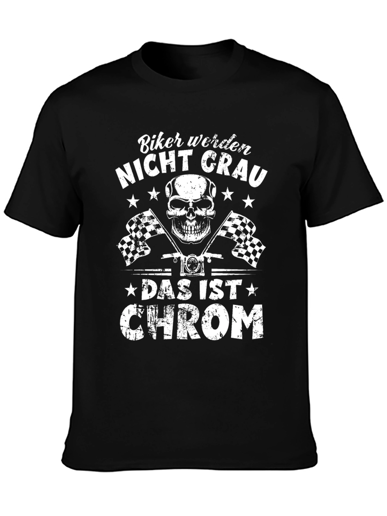 Biker Nicht Grau T-Shirt - Skull & Checkered Flags