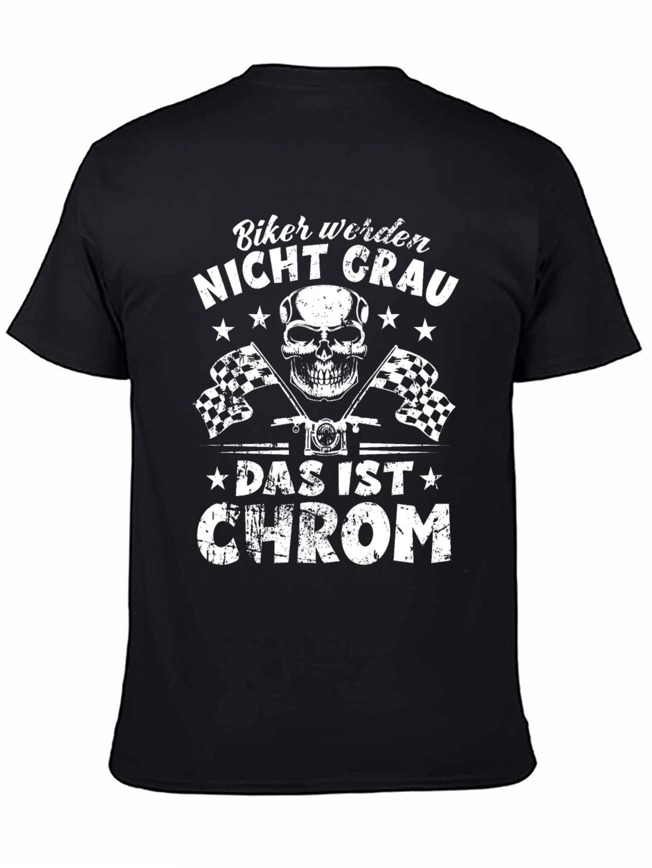 Biker Nicht Grau T-Shirt - Skull & Checkered Flags