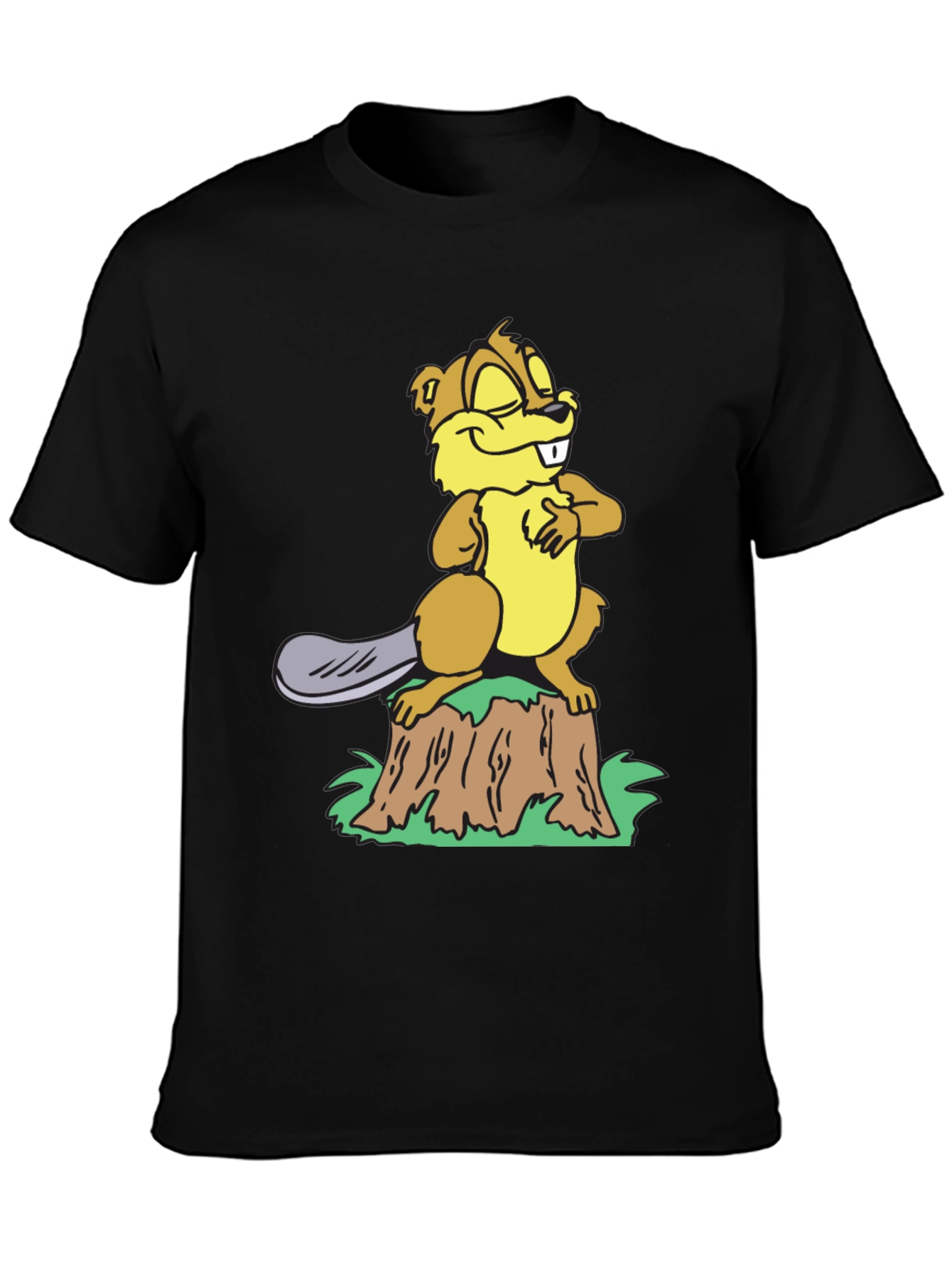 Funny Beaver on Stump Black T-Shirt