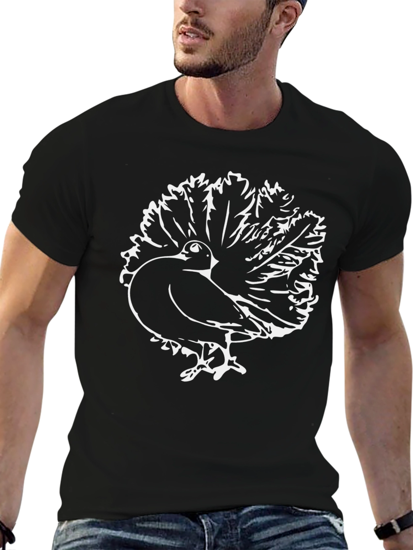 Black T-Shirt with Peacock Graphic