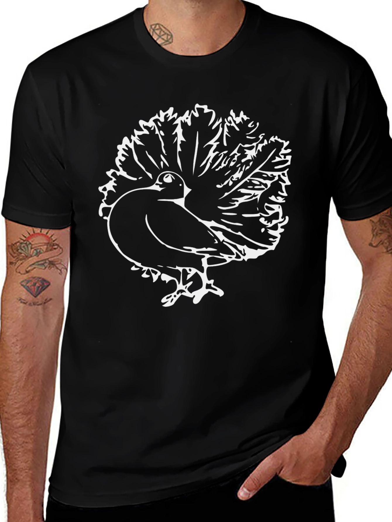 Black T-Shirt with Peacock Graphic