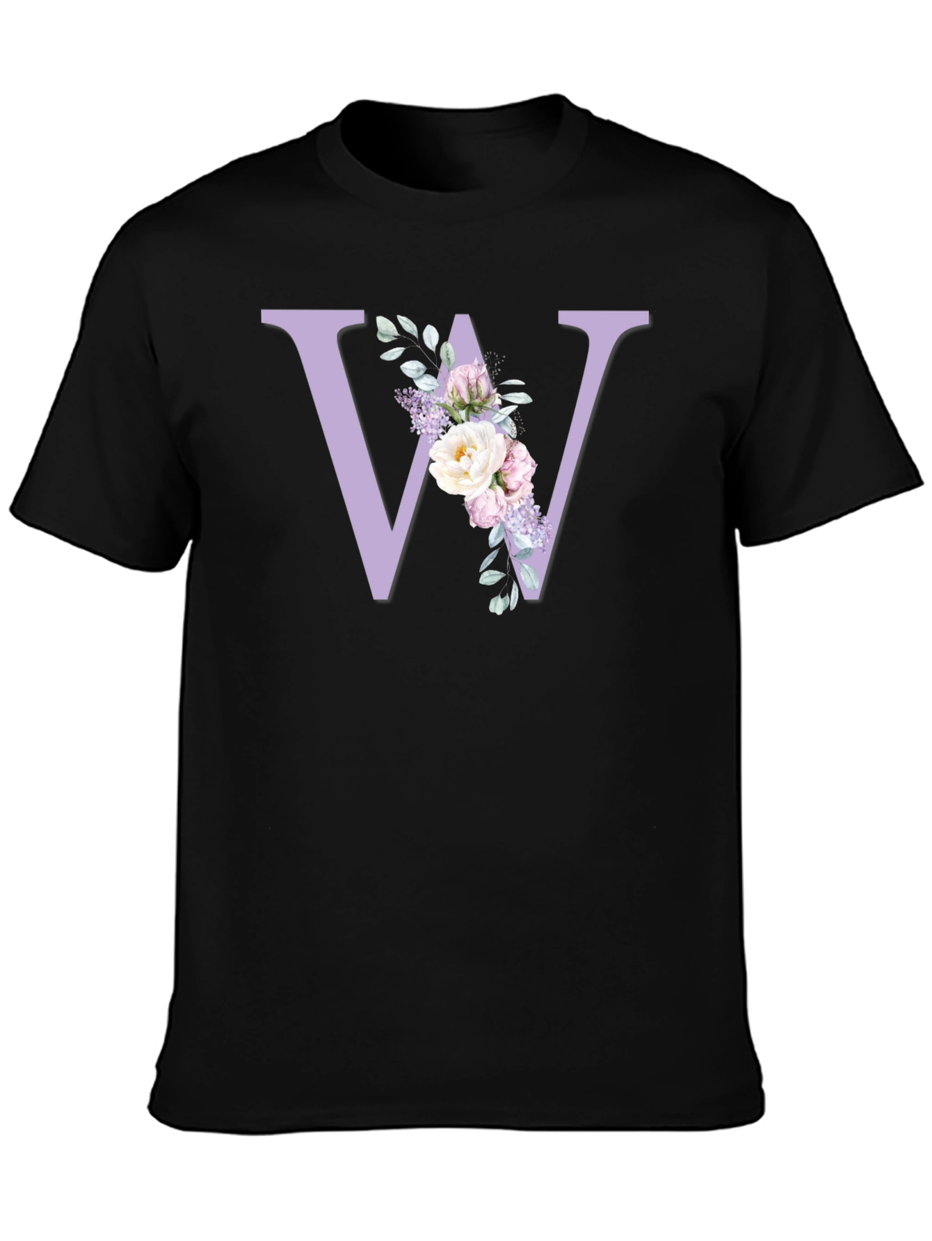 Floral Initial W Black T-Shirt
