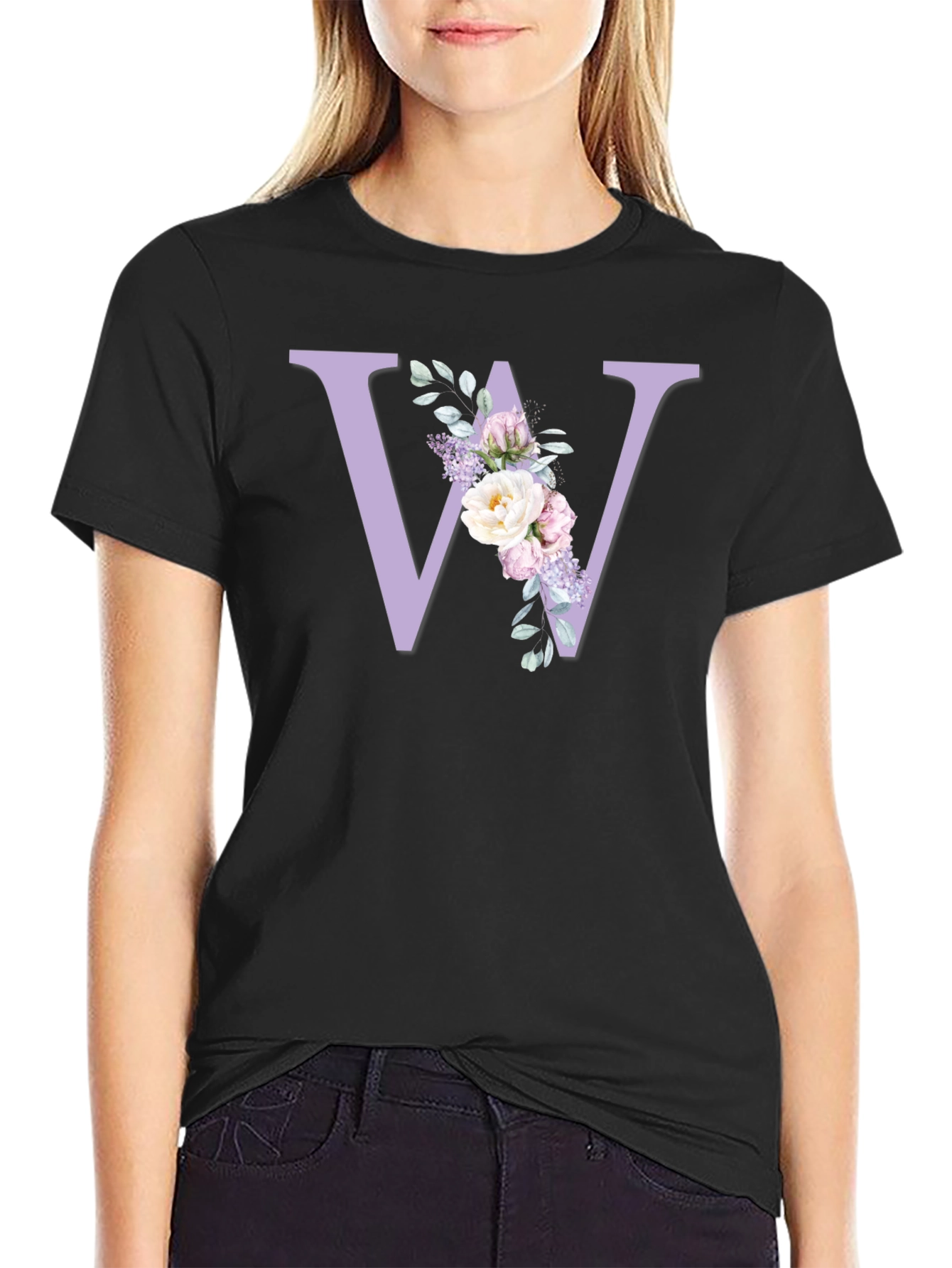 Floral Initial W Black T-Shirt