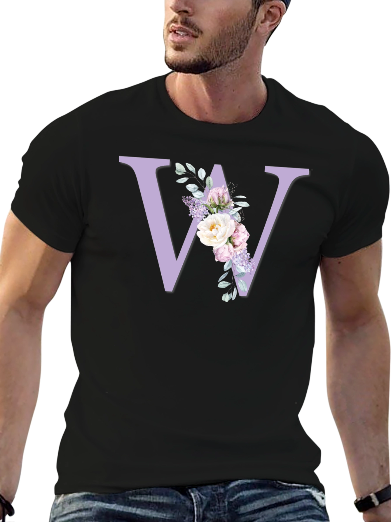Floral Initial W Black T-Shirt