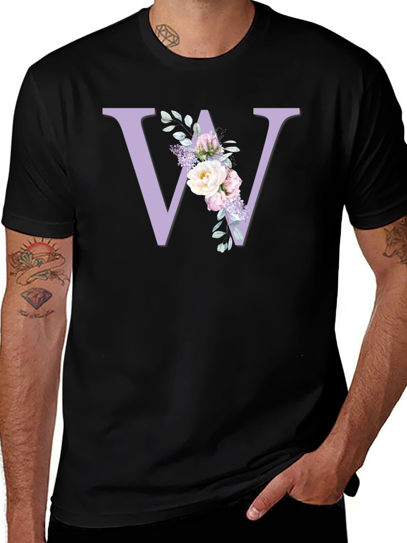 Floral Initial W Black T-Shirt