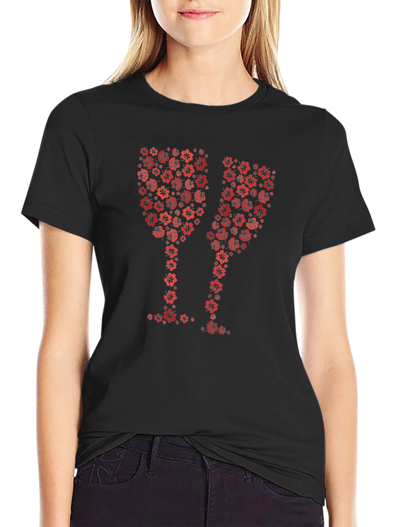 Floral Wine Glass Graphic T-Shirt