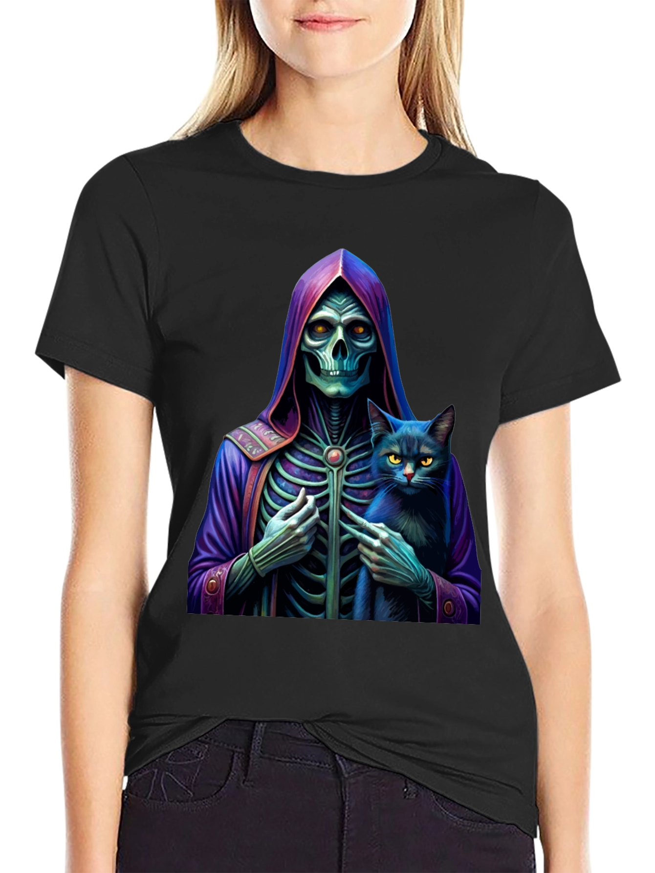Grim Reaper & Cat Graphic Tee - Unique Design