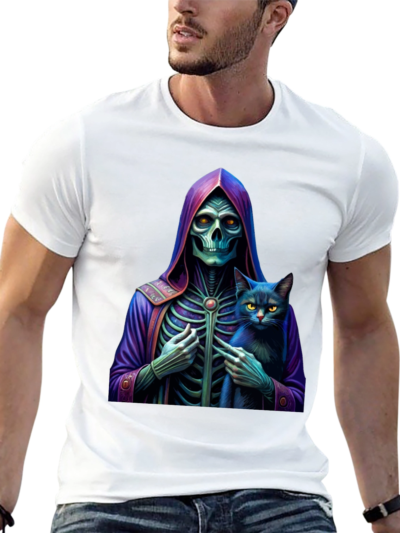 Grim Reaper & Cat Graphic Tee - Unique Design