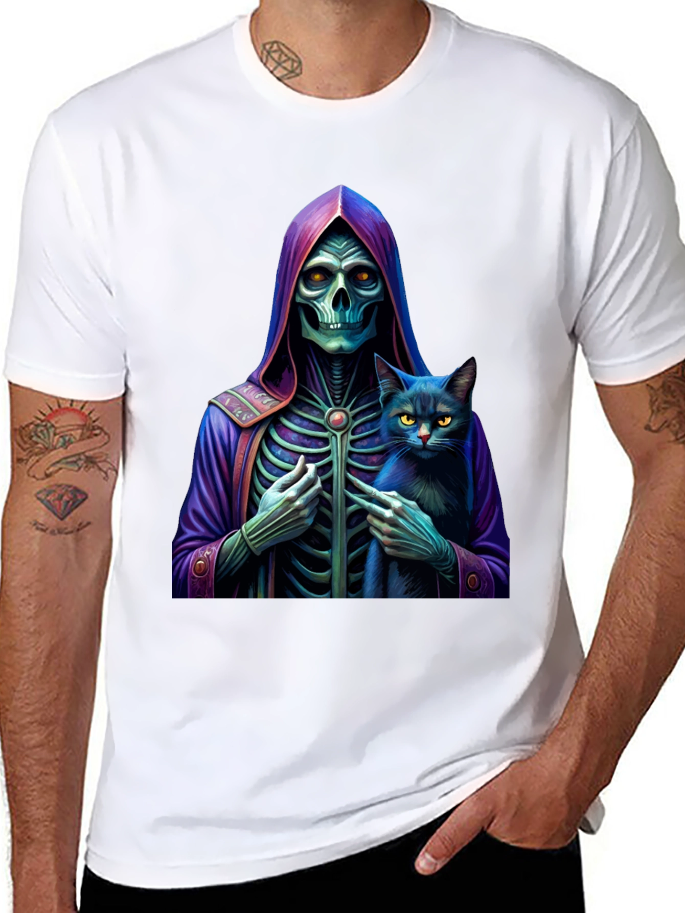 Grim Reaper & Cat Graphic Tee - Unique Design