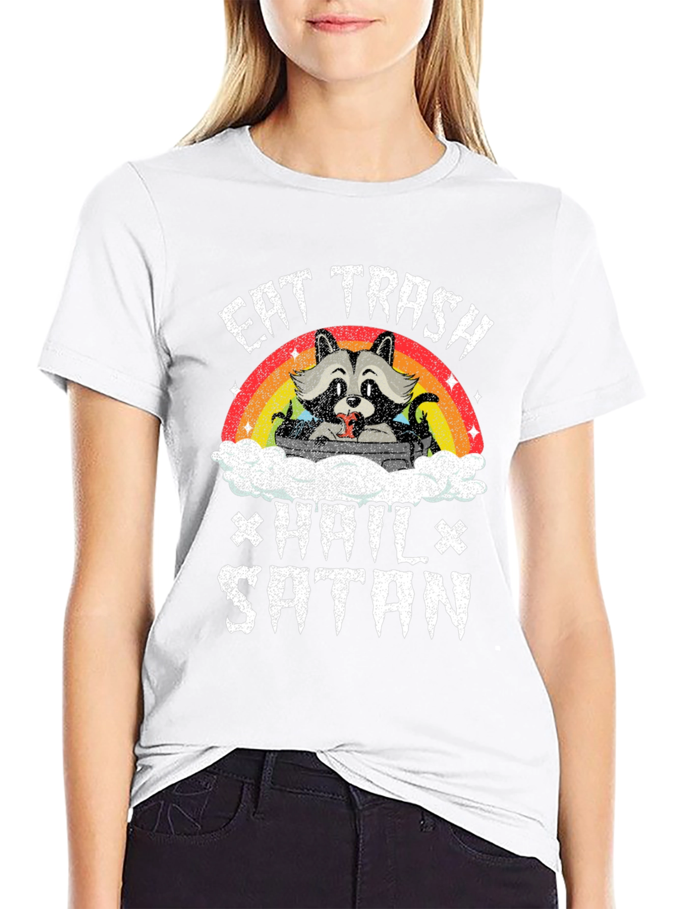 Eat Trash Hail Satan Funny Raccoon Graphic T-Shirt