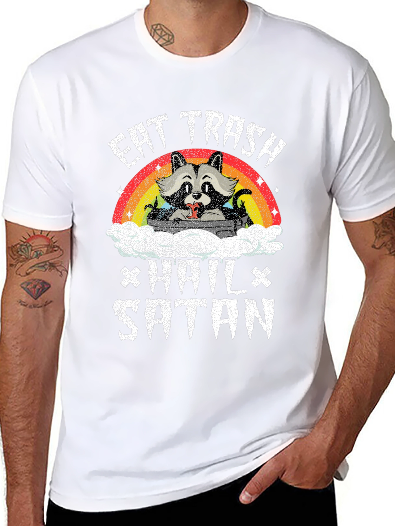 Eat Trash Hail Satan Funny Raccoon Graphic T-Shirt