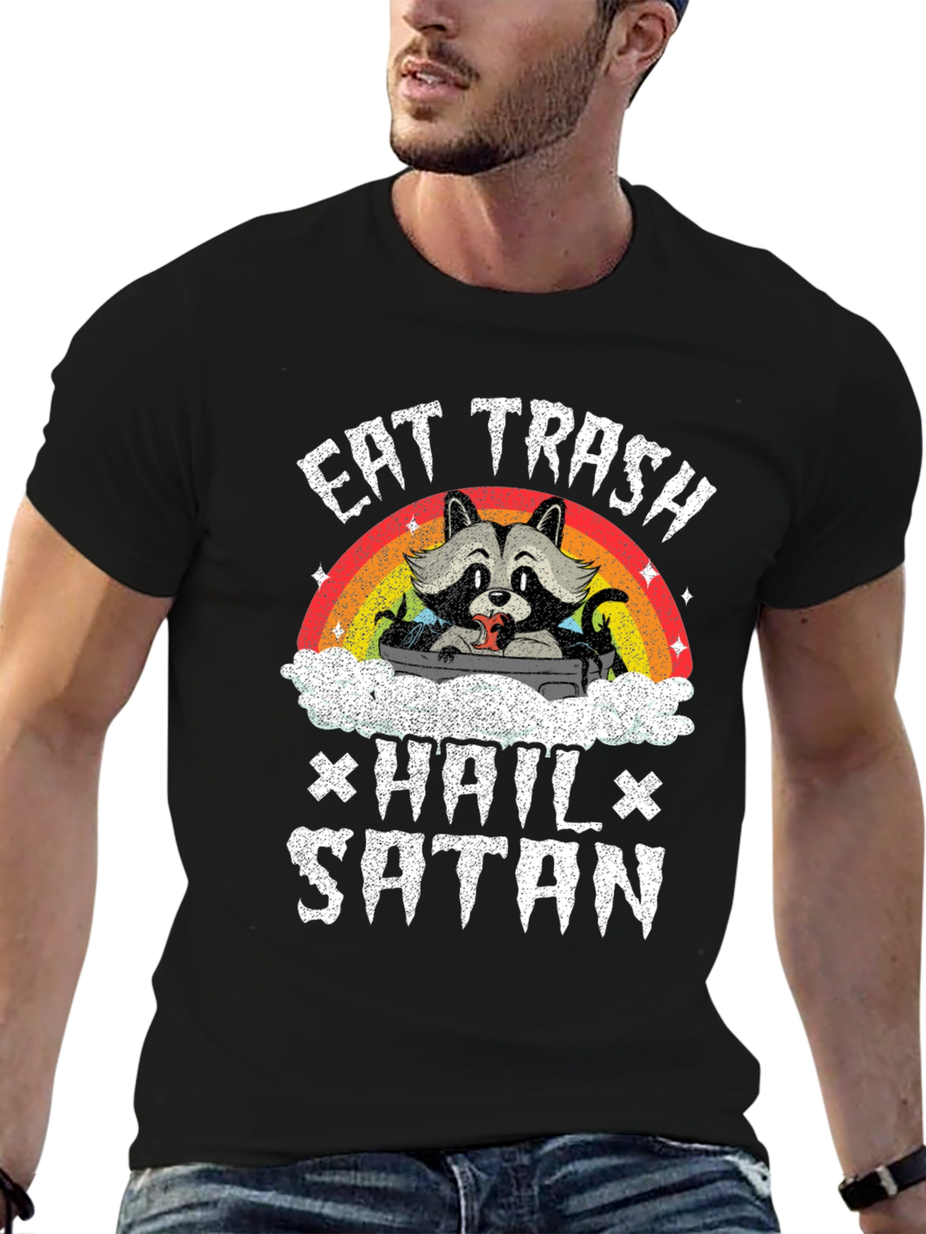 Eat Trash Hail Satan Funny Raccoon Graphic T-Shirt