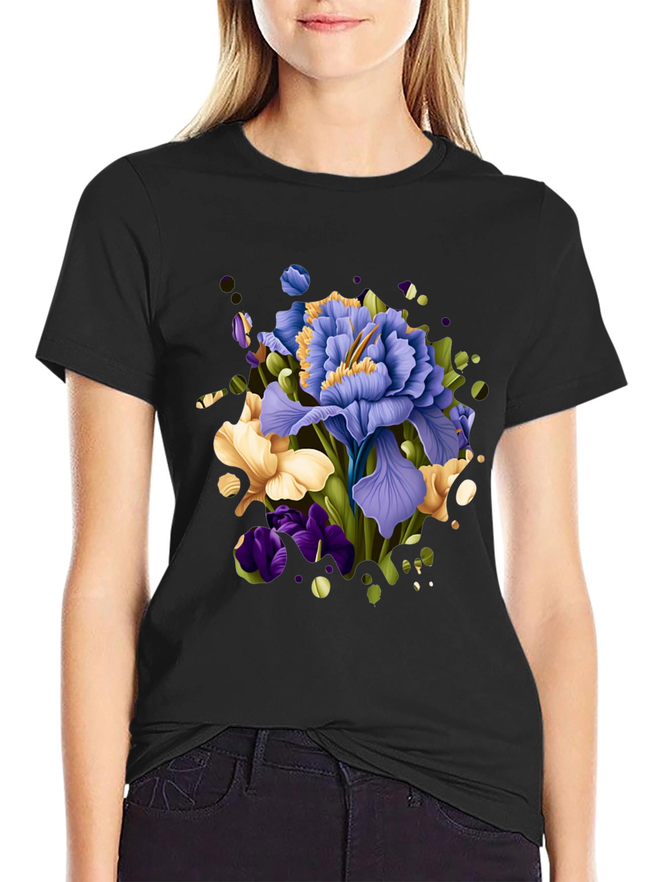 Floral Iris Graphic Black T-Shirt