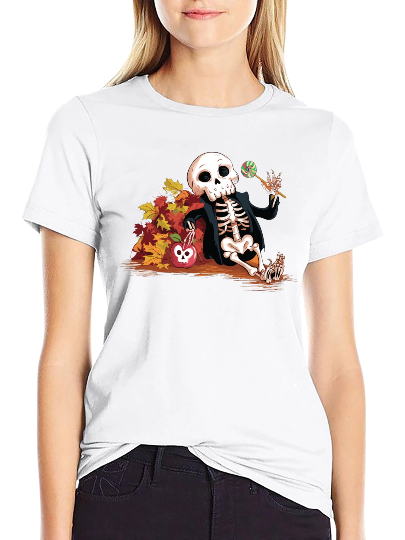 Skeleton Fall Leaves Apple Halloween T-Shirt