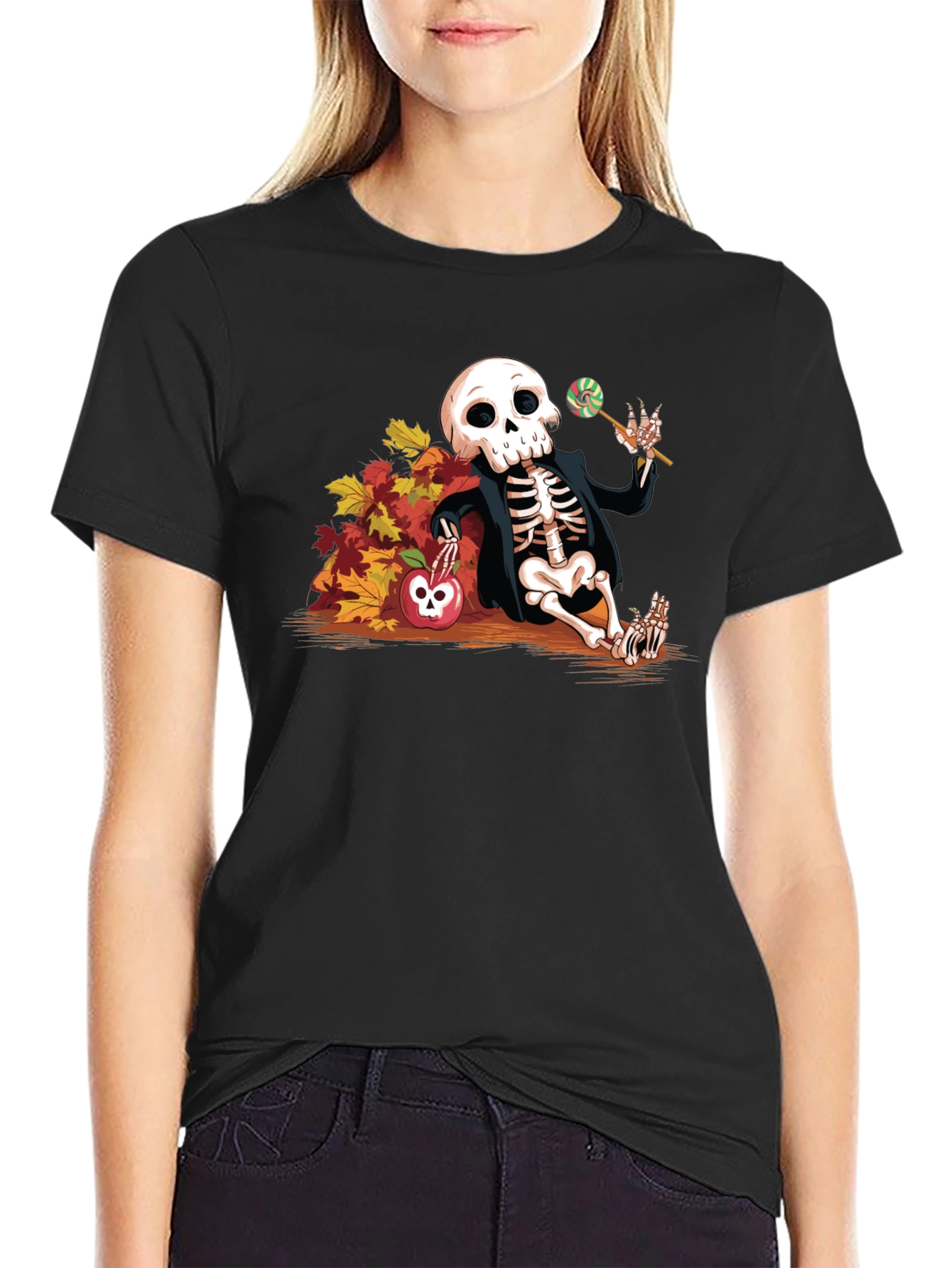 Skeleton Fall Leaves Apple Halloween T-Shirt