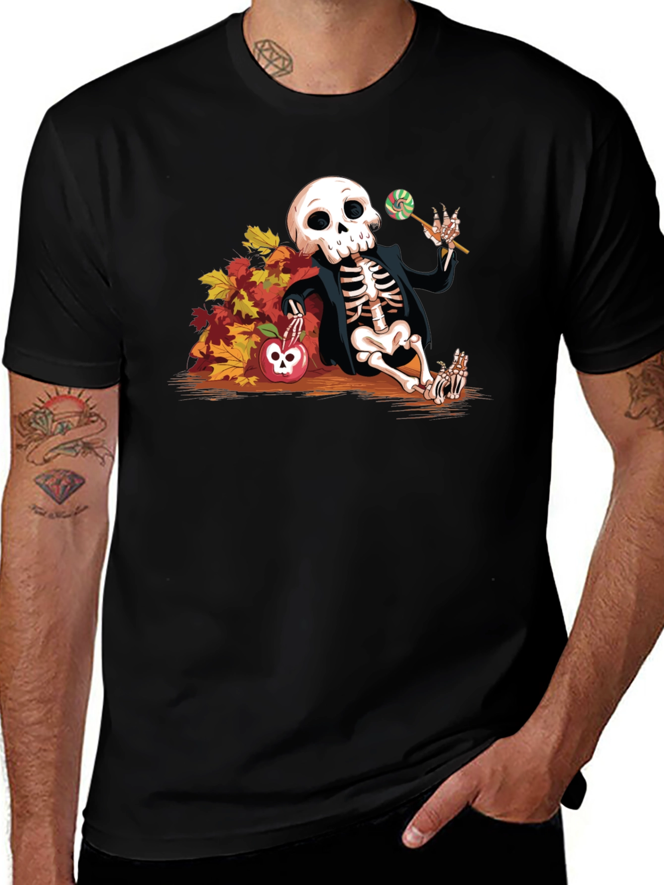 Skeleton Fall Leaves Apple Halloween T-Shirt