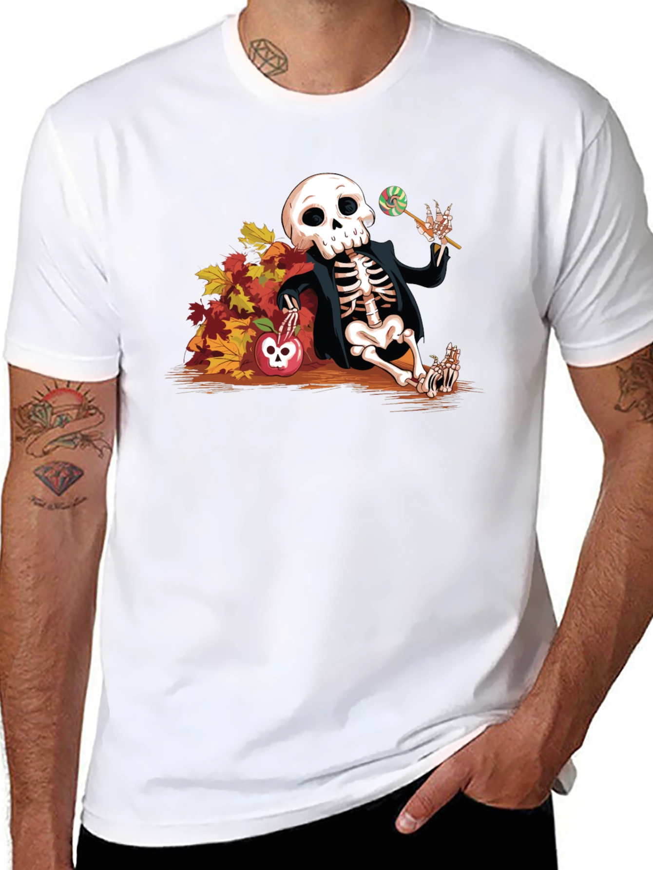 Skeleton Fall Leaves Apple Halloween T-Shirt