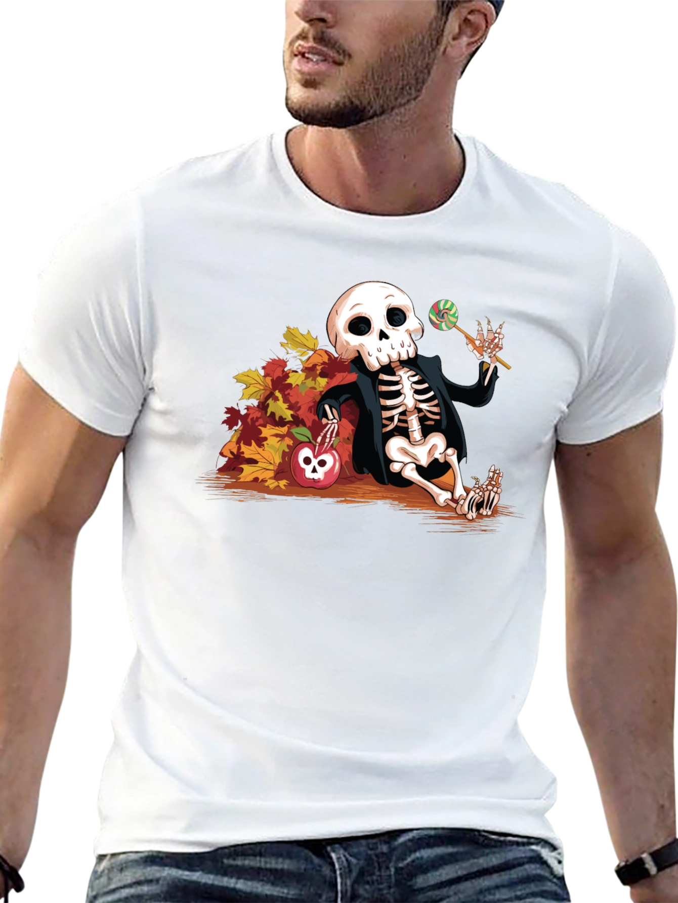 Skeleton Fall Leaves Apple Halloween T-Shirt